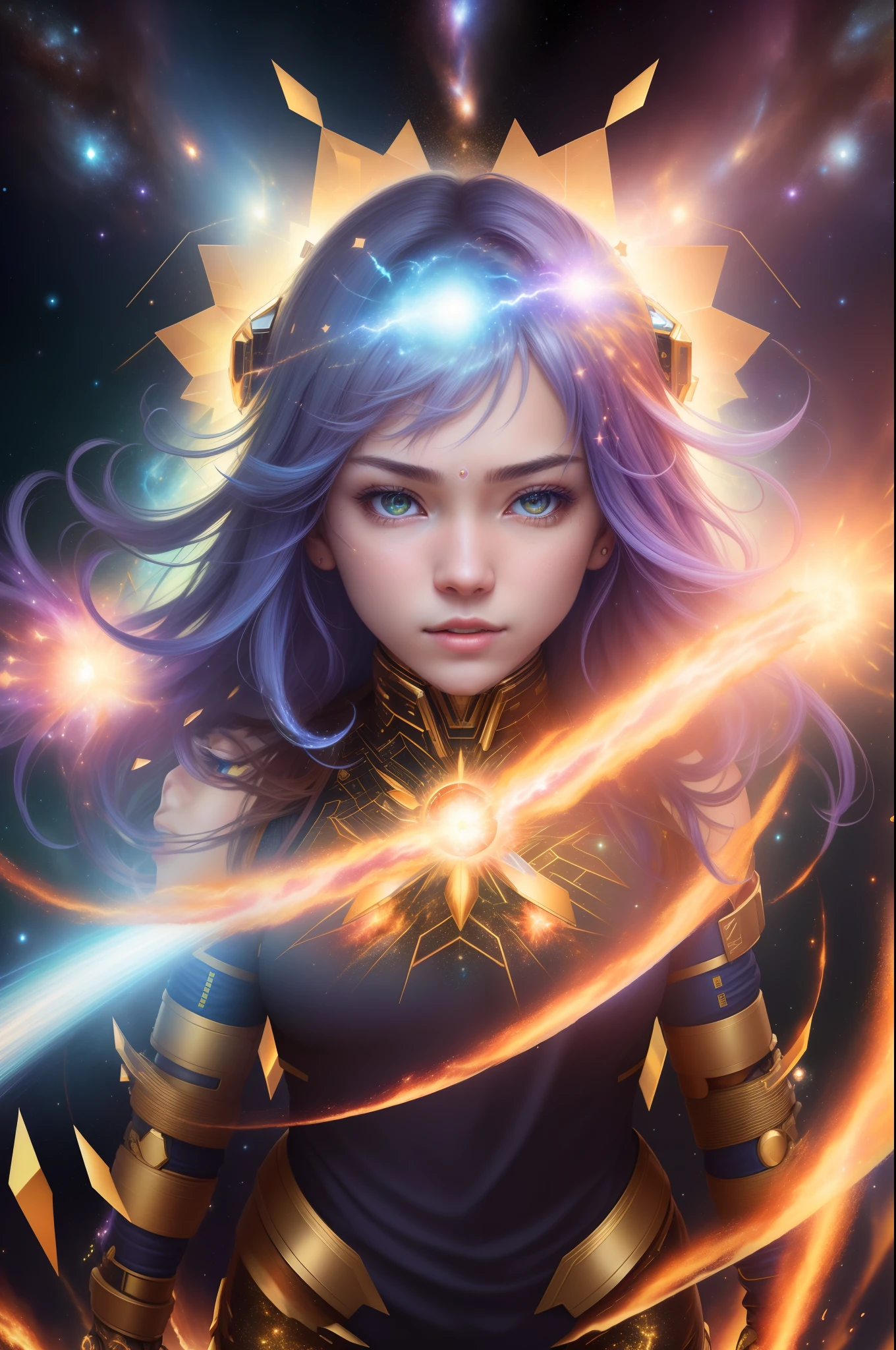 foto linda, stunning portrait of magical Bitcoin cyborg, action shot, segurando portal de cristal intrincado, fractal galaxies bending the mind colliding and exploding, foto, cinema, realista, muito detalhado, profundidade de campo