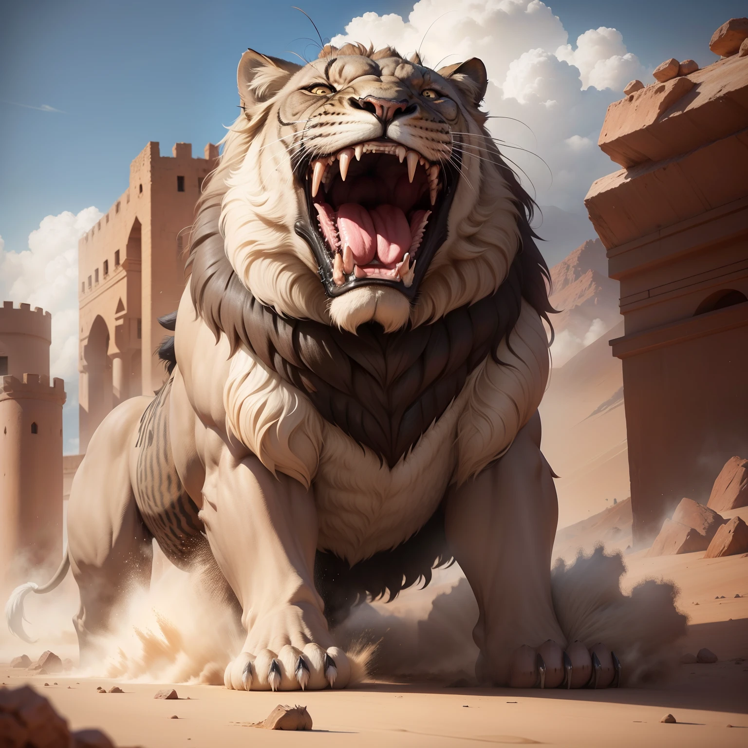 Giant roaring lion Angry Legendary in moroccan environnement