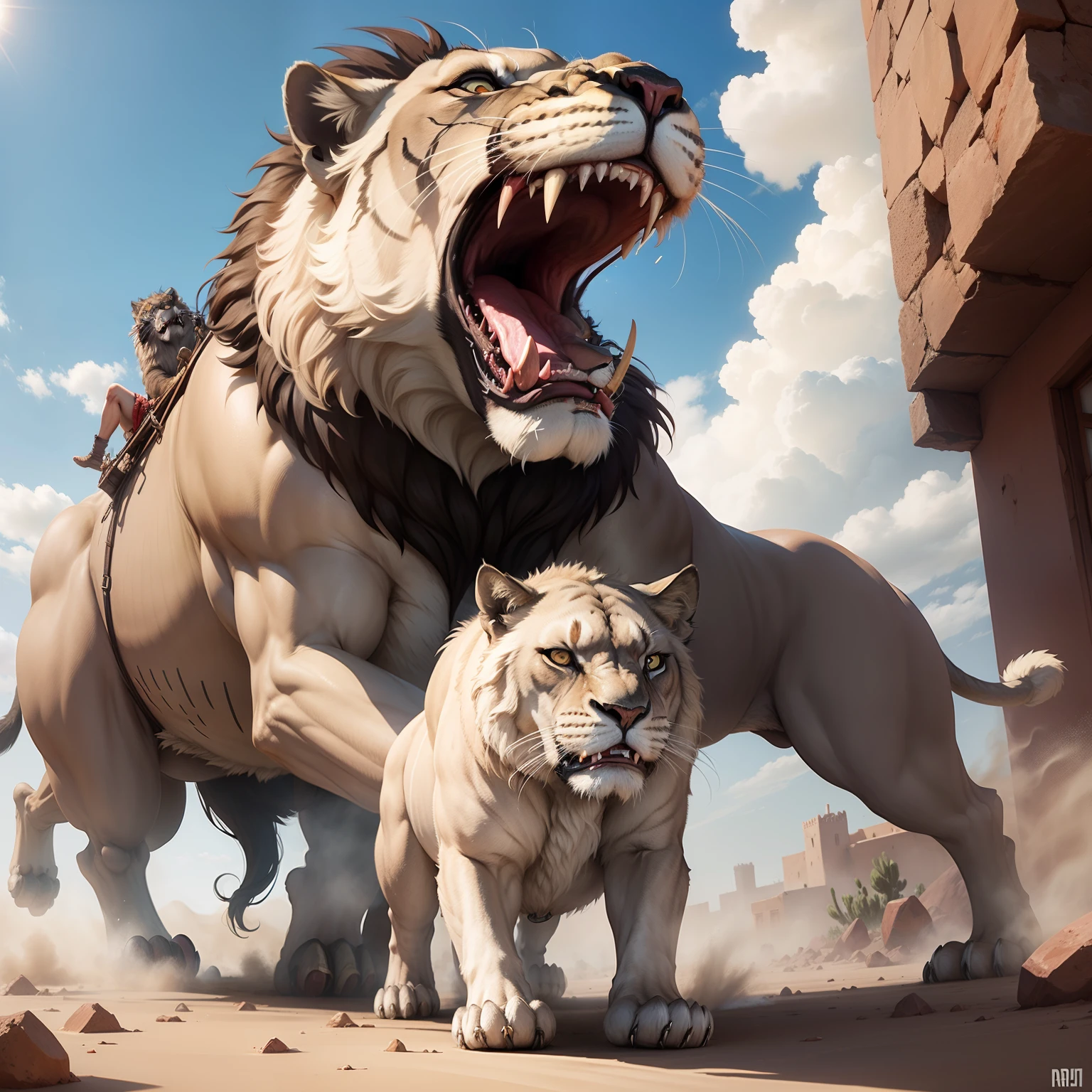 Giant roaring lion Angry Legendary in moroccan environnement