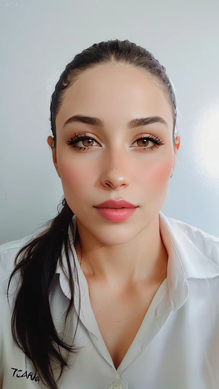 There is a woman with a pink lip and a white shirt, 3 0 anos de idade mulher, Mulher de 30 anos, imagem de perfil, usando maquiagem profissional, clear lips and high quality, com maquiagem profissional, cerca de 3 5 anos, fechar o rosto, foto de perfil headshot, thick lips, Cara Sexy, inspired by Gina Pellón, foto de perfil profissional