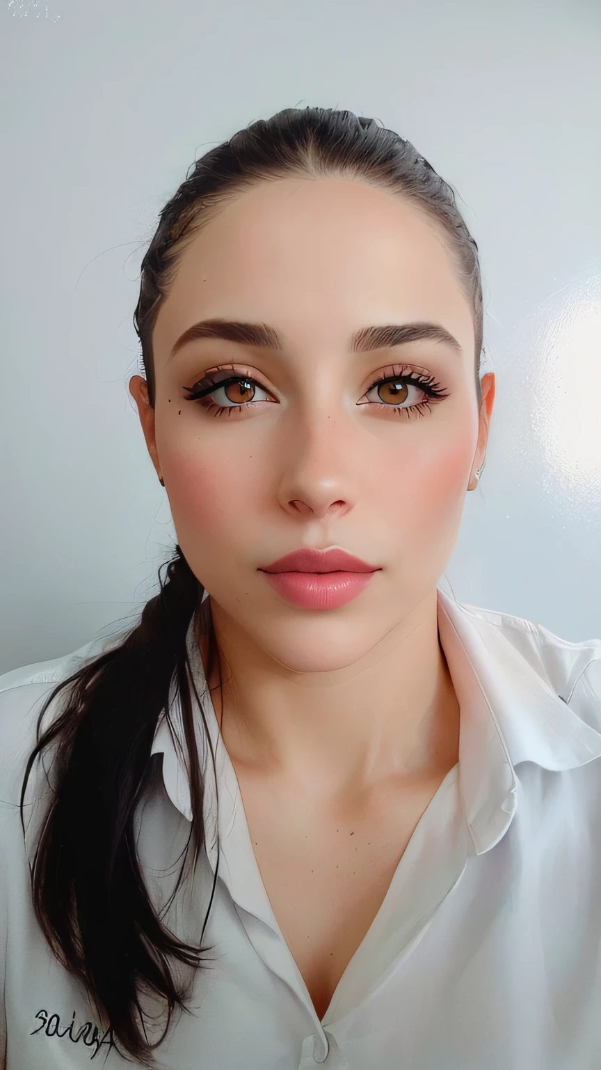 There is a woman with a pink lip and a white shirt, 3 0 anos de idade mulher, Mulher de 30 anos, imagem de perfil, usando maquiagem profissional, clear lips and high quality, com maquiagem profissional, cerca de 3 5 anos, fechar o rosto, foto de perfil headshot, thick lips, Cara Sexy, inspired by Gina Pellón, foto de perfil profissional