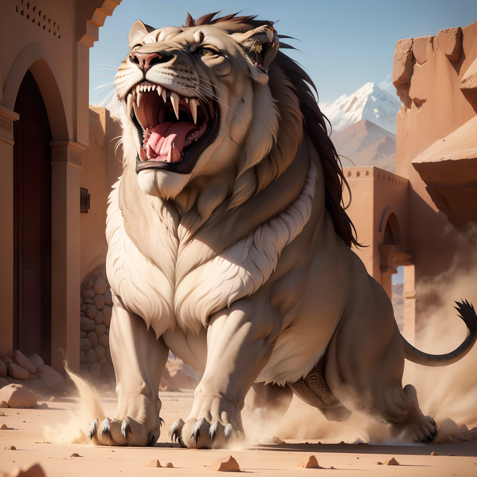 Giant roaring lion Angry Legendary in moroccan environnement