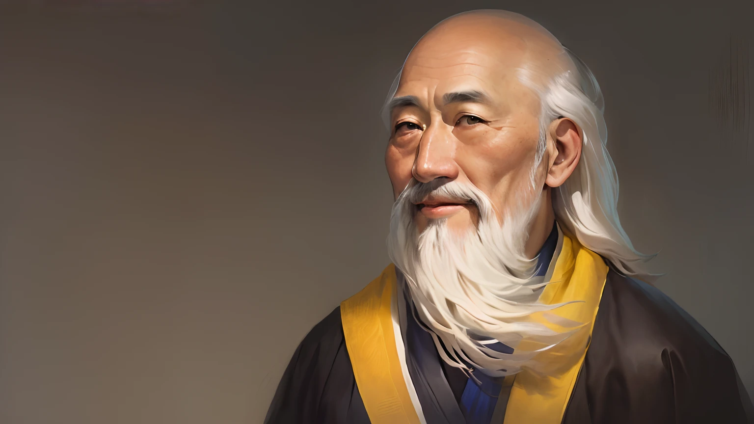 A closeup of a man with a long white beard and a yellow scarf, Riichi Ueshiba, Ueshiba Riichi, taoist, inspirado em Wu Daozi, taoist master, inspired by Kamāl ud-Dīn Behzād, inspirado em Li Zai, Dia de Tian