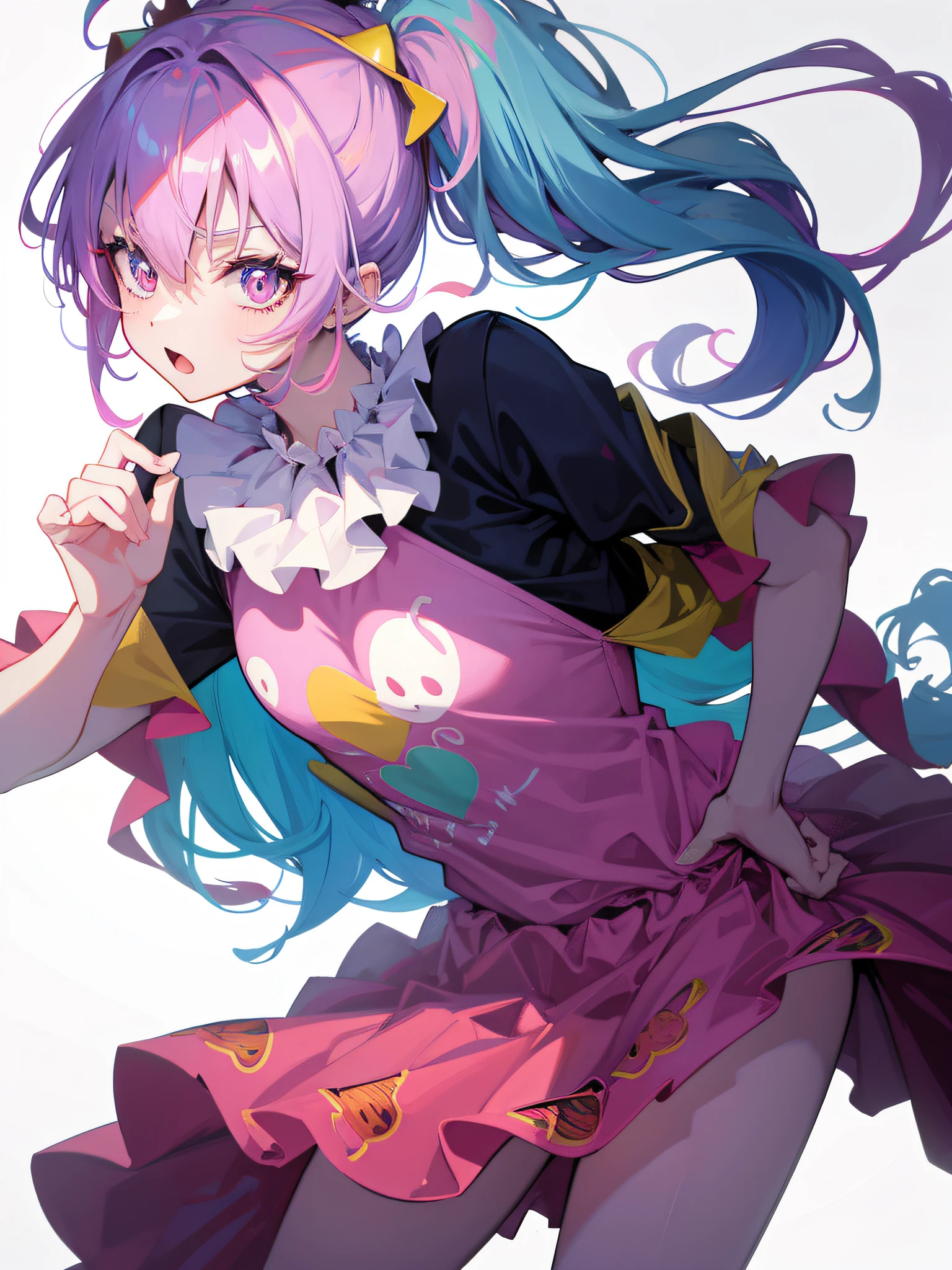 Vector image, anime style clown shirt print, sensual style colorful clown clothes, white background image, vivid colors, anime style drawing image.