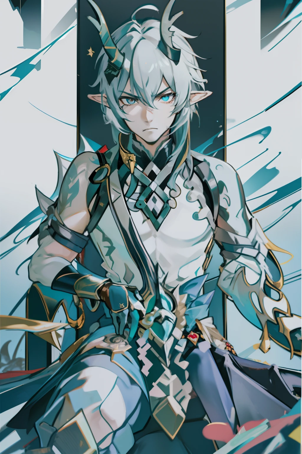 （absurderes，A high resolution，Hyper-detailing，hdr），Dragon's horn，younge boy，tmasterpiece，best qualtiy，1人，独奏，Handsome，Golden eyes，Fine eyes and detailed face，toppless，Tattooed with，arma，seated on a throne，Indifferent and arrogant，Abs，chest muscle，Raised sexy，Ruffian，Show your temperament，Male，masculine appeal，Male characteristics are distinct，Long messy hair，Arrogant，self-assured，Sitting majestically on the throne，Pondering，Legs crossed，white pantie，supreme，Lazy，Handsome，