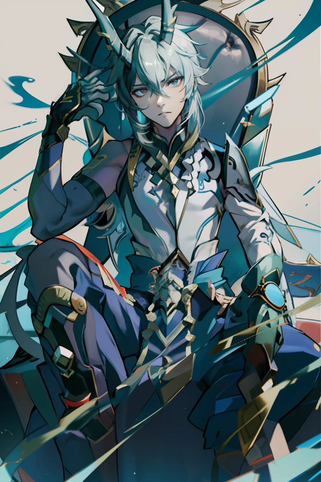 （absurderes，A high resolution，Hyper-detailing，hdr），Dragon's horn，younge boy，tmasterpiece，best qualtiy，1人，独奏，Handsome，Golden eyes，Fine eyes and detailed face，toppless，Tattooed with，arma，seated on a throne，Indifferent and arrogant，Abs，chest muscle，Raised sexy，Ruffian，Show your temperament，Male，masculine appeal，Male characteristics are distinct，Long messy hair，Arrogant，self-assured，Sitting majestically on the throne，Pondering，Legs crossed，white pantie，supreme，Lazy，Handsome，
