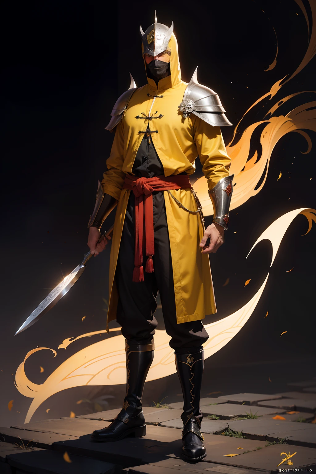 homem jovem, large chinese mustache, roupa medieval amarela, fantasia medieval, Armadura medieval, fogo, roupa cobrindo o corpo todo, Botas, corpo todo