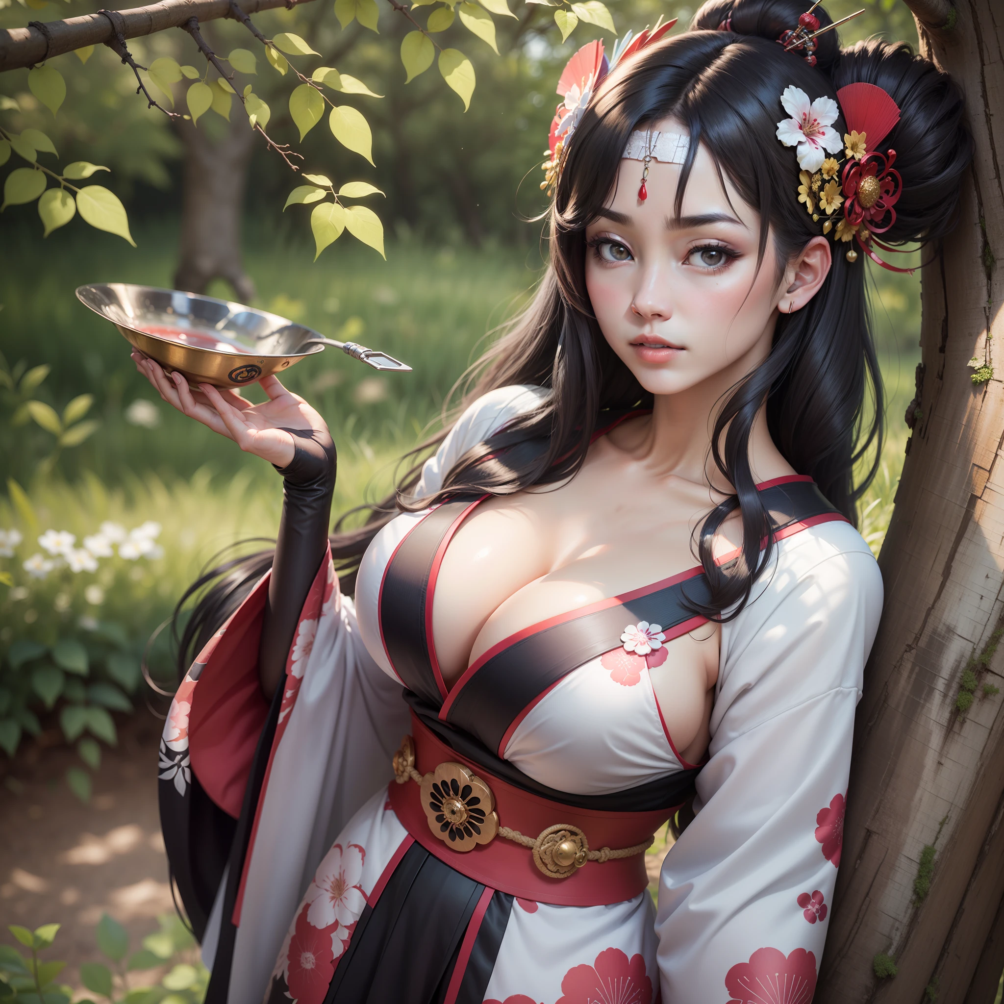 "((hiper-realista, fotorrealista, 8k, detalhes intrincados)) obra-prima, A beautiful geisha with flowing black hair, de pele sedosa, fleshy lips and full breasts, coxas grossas, usando um quimono sensual, is standing propped up in a tree in a beautiful field on a sunny day.