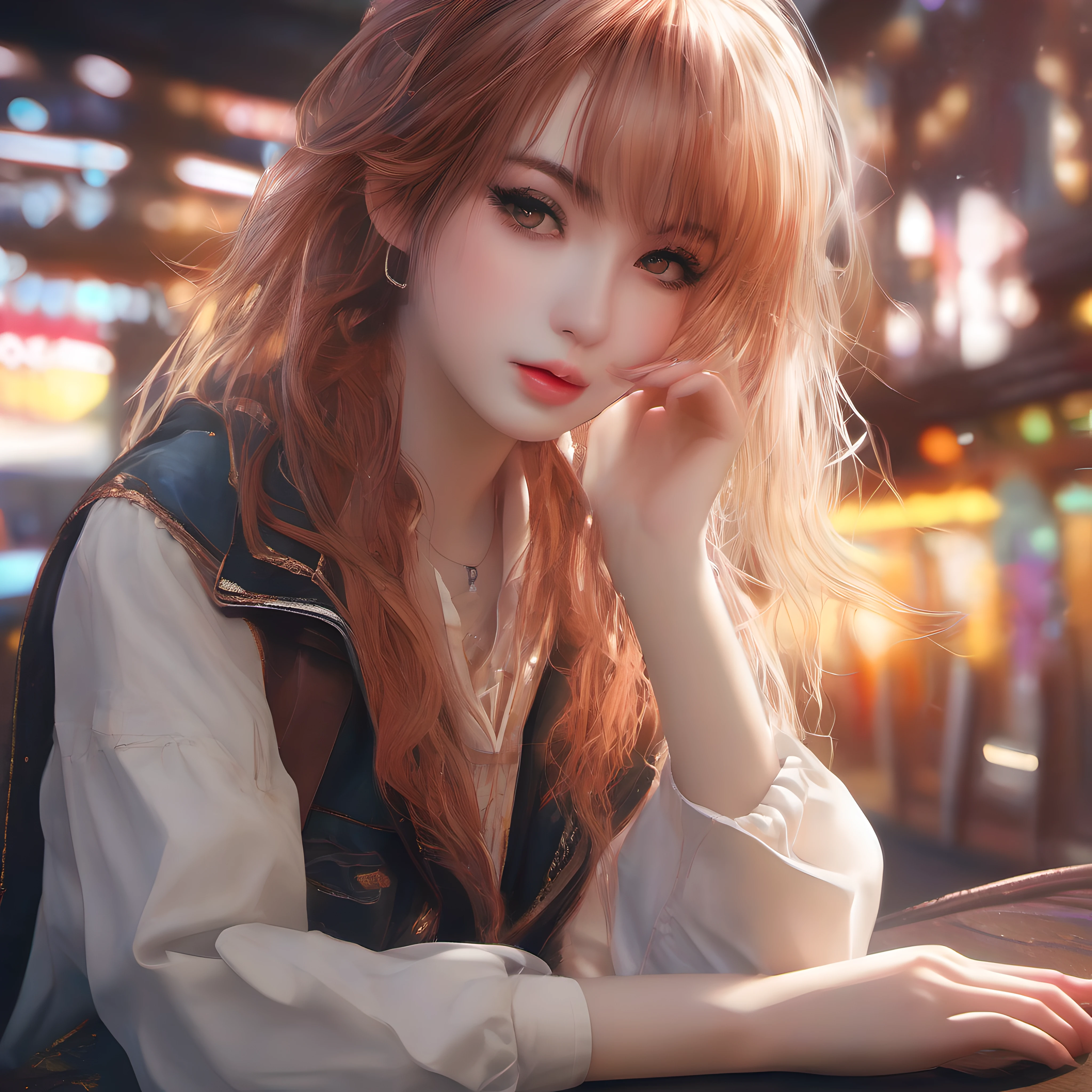 realistic,delicate, postapocalyptical setting, neon lightbeams, orange neon lights, city lights, wallpaper with neon lighting, masterpiece,depth of field ,(detailed eyes detailed pupils:1.3) caucasian, pale girl, european girl,1girl,(makeup:0.8),beautiful detailed, colourful, finely detailed, intricate details, instagram, (ginger hair + messy long hair 1.3), blunt bangs, (50mm Sigma f/1.4 ZEISS lens, F1.4, 1/800s, ISO 100, photograpy:1.1), (white pajamas:1.3),closed mouth, night,(,cowboy_shot, (from side:1.2),(detail fingers:1.3),1girl, full body shot, sitting, face close to viewer, legs far away from viewer, blushed cheeks, winking eye, clear eyes, big eyes
