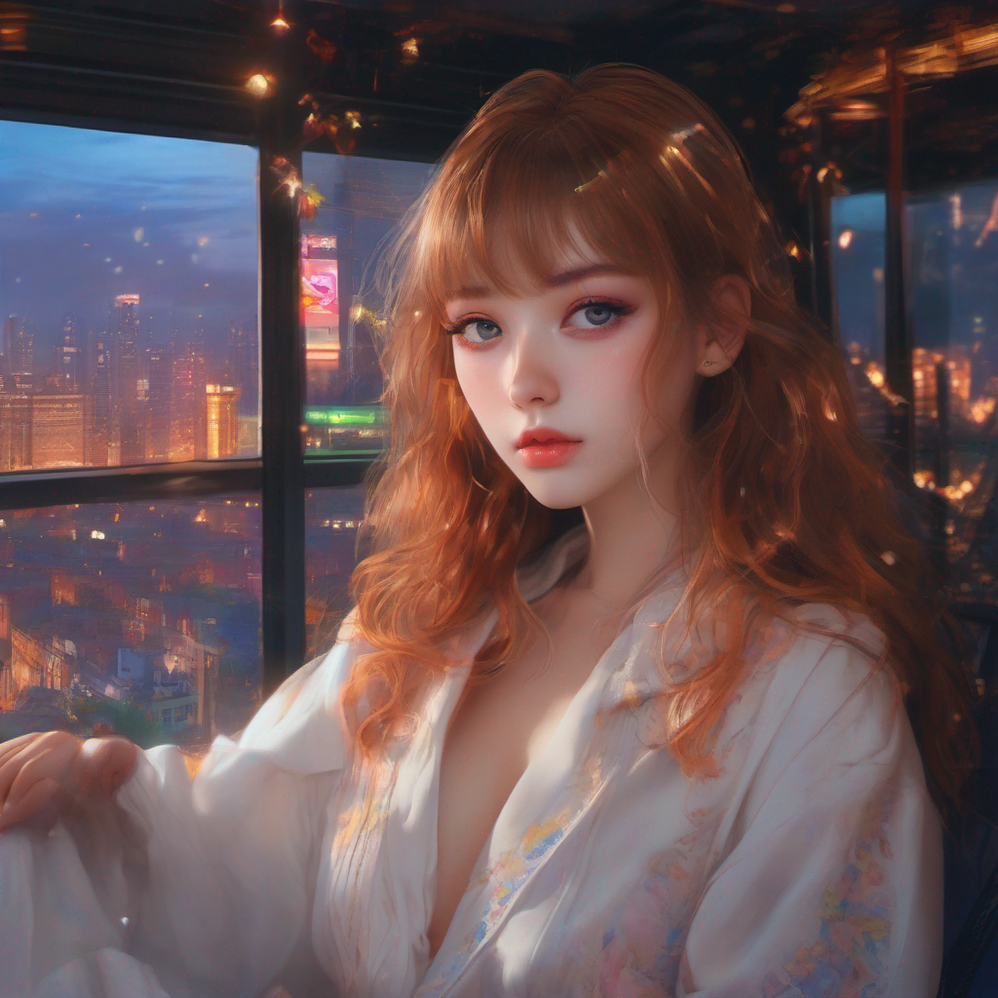 realistic,delicate, postapocalyptical setting, neon lightbeams, orange neon lights, city lights, wallpaper with neon lighting, masterpiece,depth of field ,(detailed eyes detailed pupils:1.3) caucasian, pale girl, european girl,1girl,(makeup:0.8),beautiful detailed, colourful, finely detailed, intricate details, instagram, (ginger hair + messy long hair 1.3), blunt bangs, (50mm Sigma f/1.4 ZEISS lens, F1.4, 1/800s, ISO 100, photograpy:1.1), (white pajamas:1.3),closed mouth, night,(,cowboy_shot, (from side:1.2),(detail fingers:1.3),1girl, full body shot, sitting, face close to viewer, legs far away from viewer, blushed cheeks, winking eye, clear eyes, big eyes