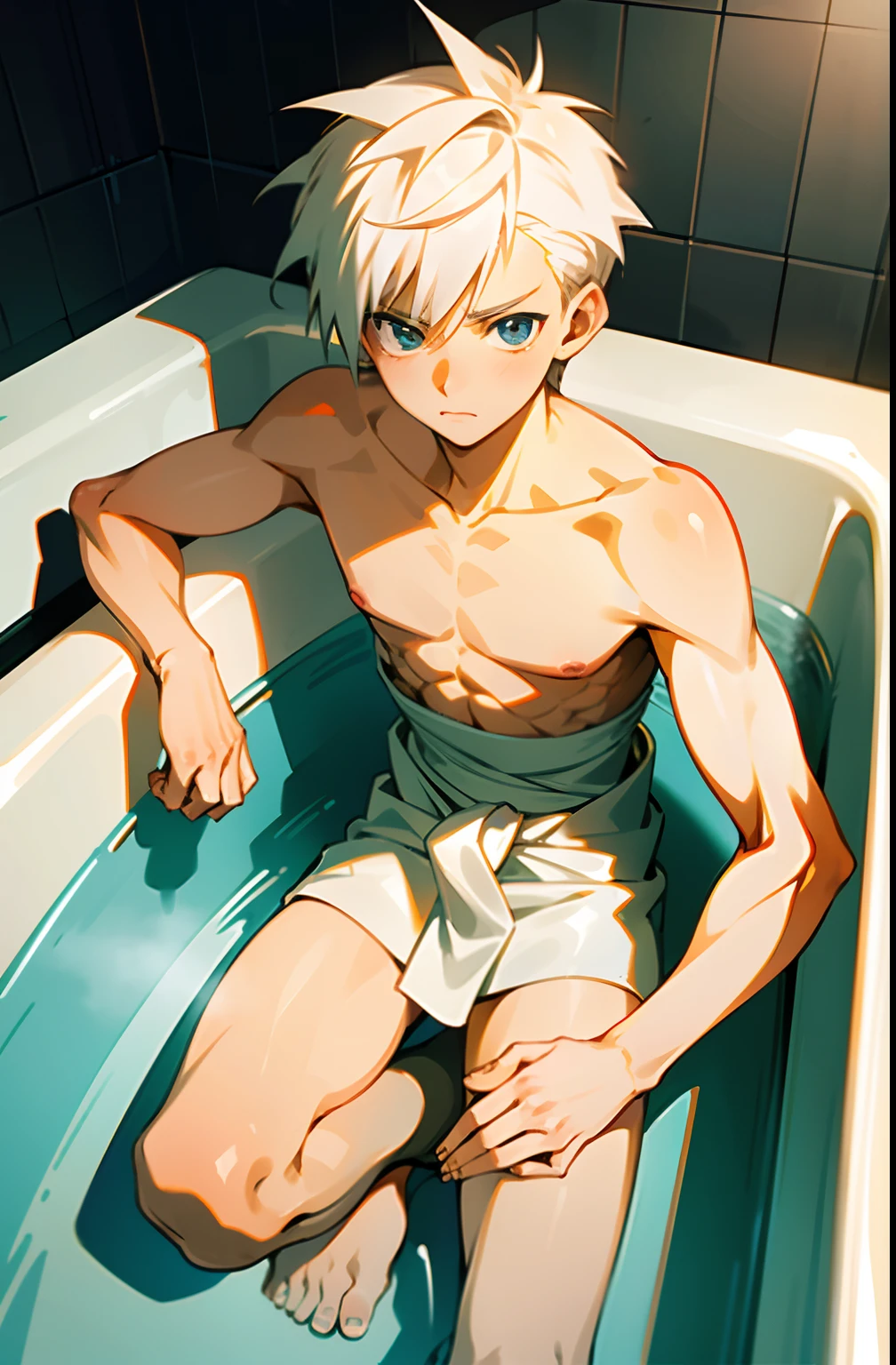 masterpiece, best quality, high quality,  1boy,, , duo, male focus, full body, looking at viewer, white hair,spiky hairstyle, short hair, steam smork, japan style,  anime coloring, shy, home muji style, detailed face, topless, white towel on waist,white silk, on bathtub