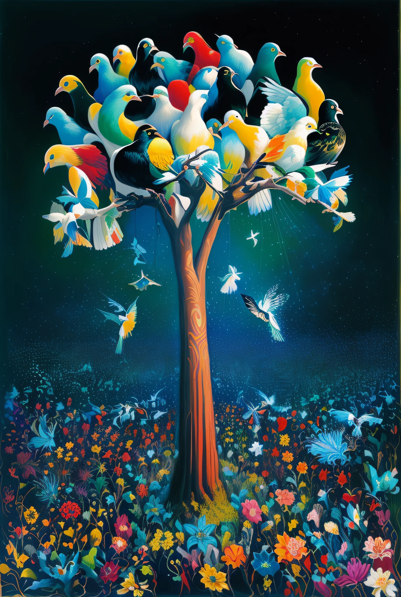 painting of a tree with birds and buzzing in a field, Raqib Shaw, arte caprichosa, Surrealismo caprichoso, por Jung Park, the tree of life, Directed by: Tomokazu Matsuyama, inspirado em Tomokazu Matsuyama, mystical birds, inspirado em Piero di Cosimo, magic realism painting, pintura surrealista, fervilhando de vida, pintura surreal
