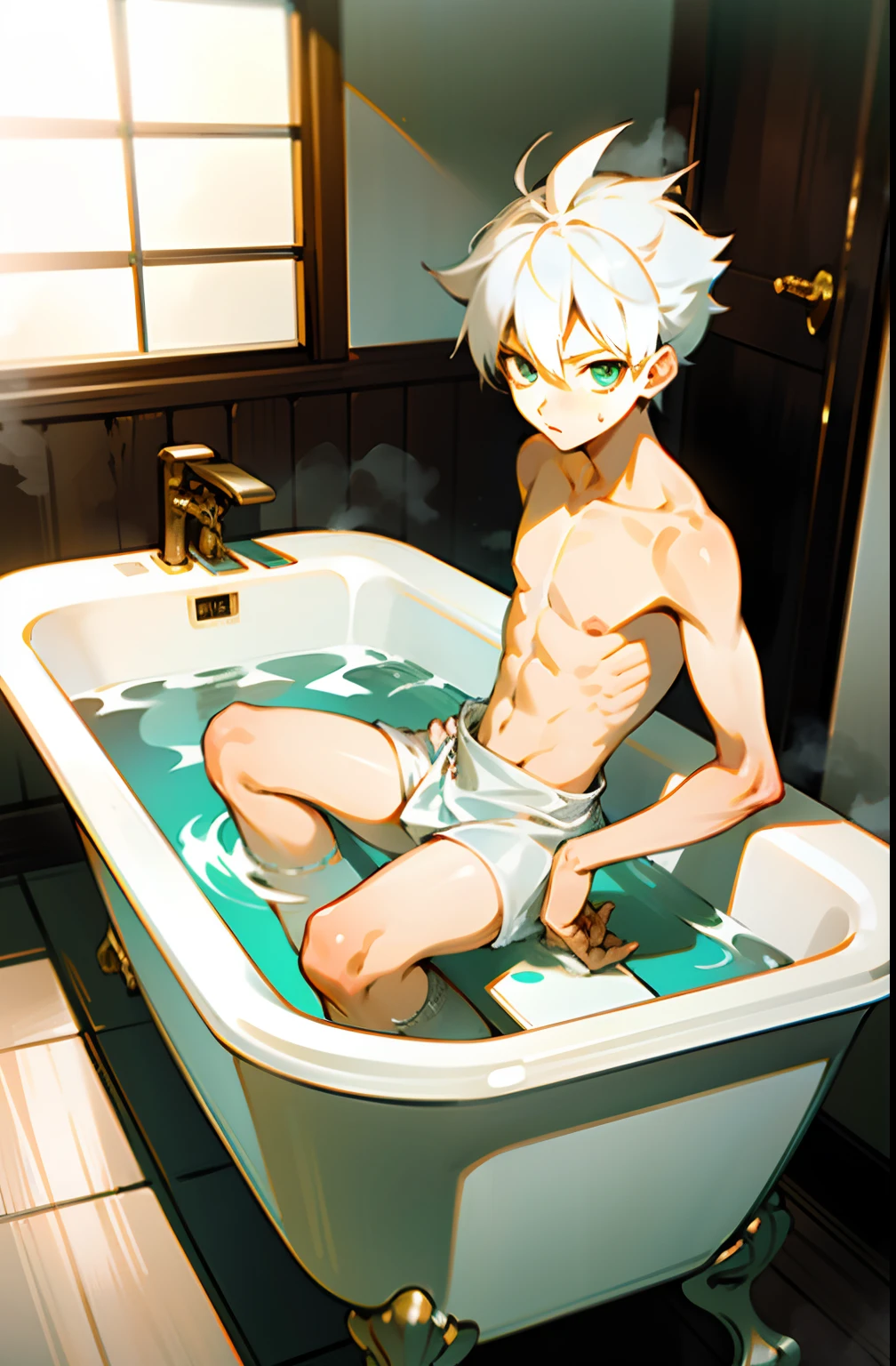 masterpiece, best quality, high quality, 1boy,, , duo, male focus, full body, looking at viewer, white hair,spiky hairstyle, short hair, steam smork, japan style, anime coloring, shy, home muji style, detailed face, topless, white towel on waist,white silk, on bathtub