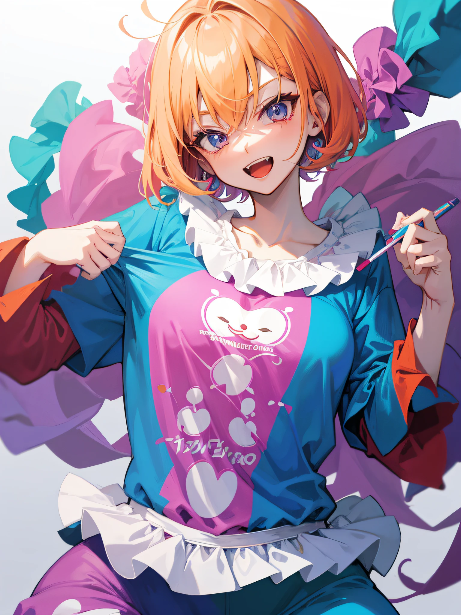 Vector image, anime style clown shirt print, sensual style colorful clown clothes, white background image, bright colors, anime style drawing image, uncut centered image