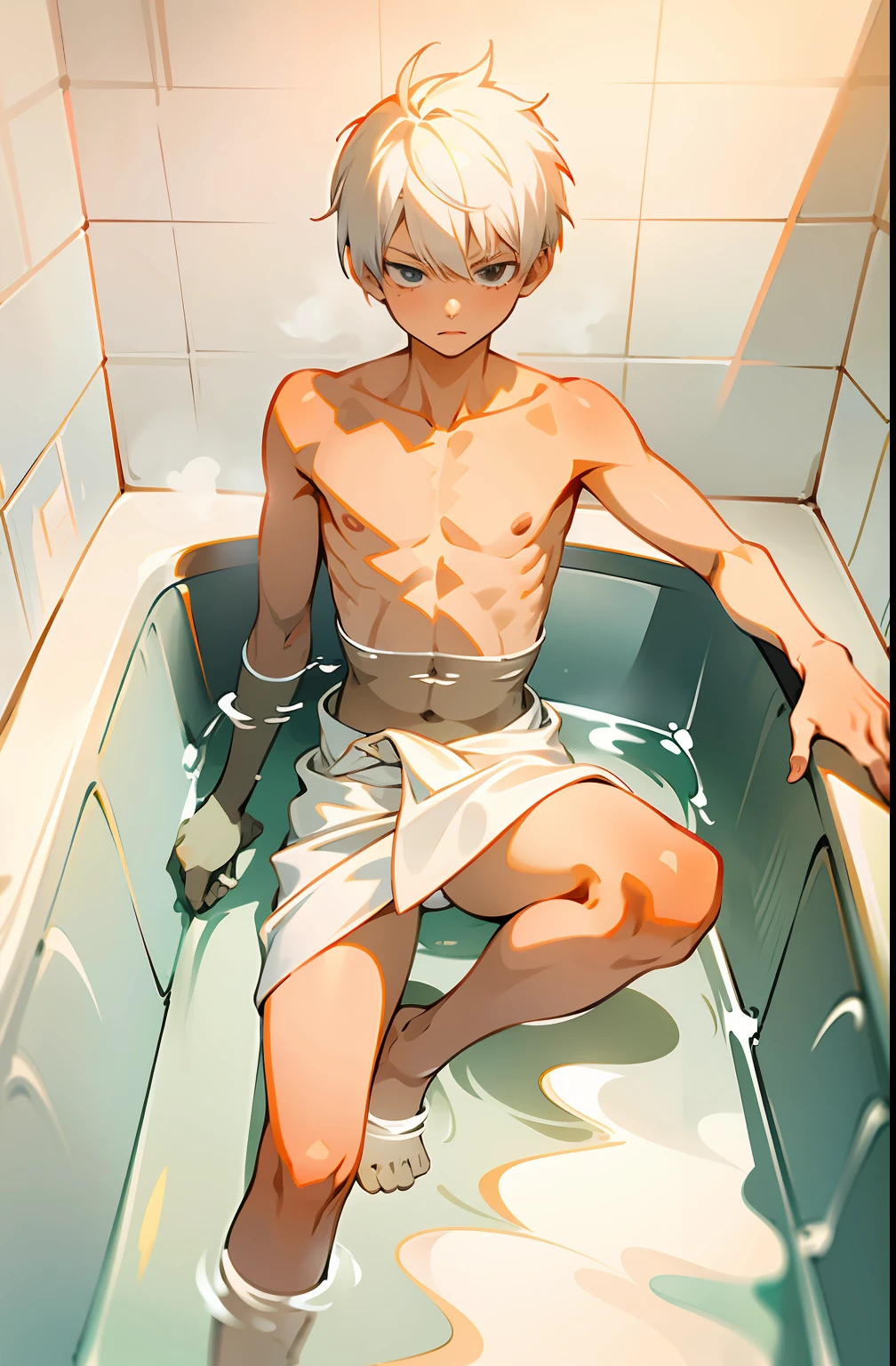 masterpiece, best quality, high quality, 1boy,, , duo, male focus, full body, looking at viewer, white hair,spiky hairstyle, short hair, steam smork, japan style, anime coloring, shy, home muji style, detailed face, topless, white towel on waist,white silk, on bathtub