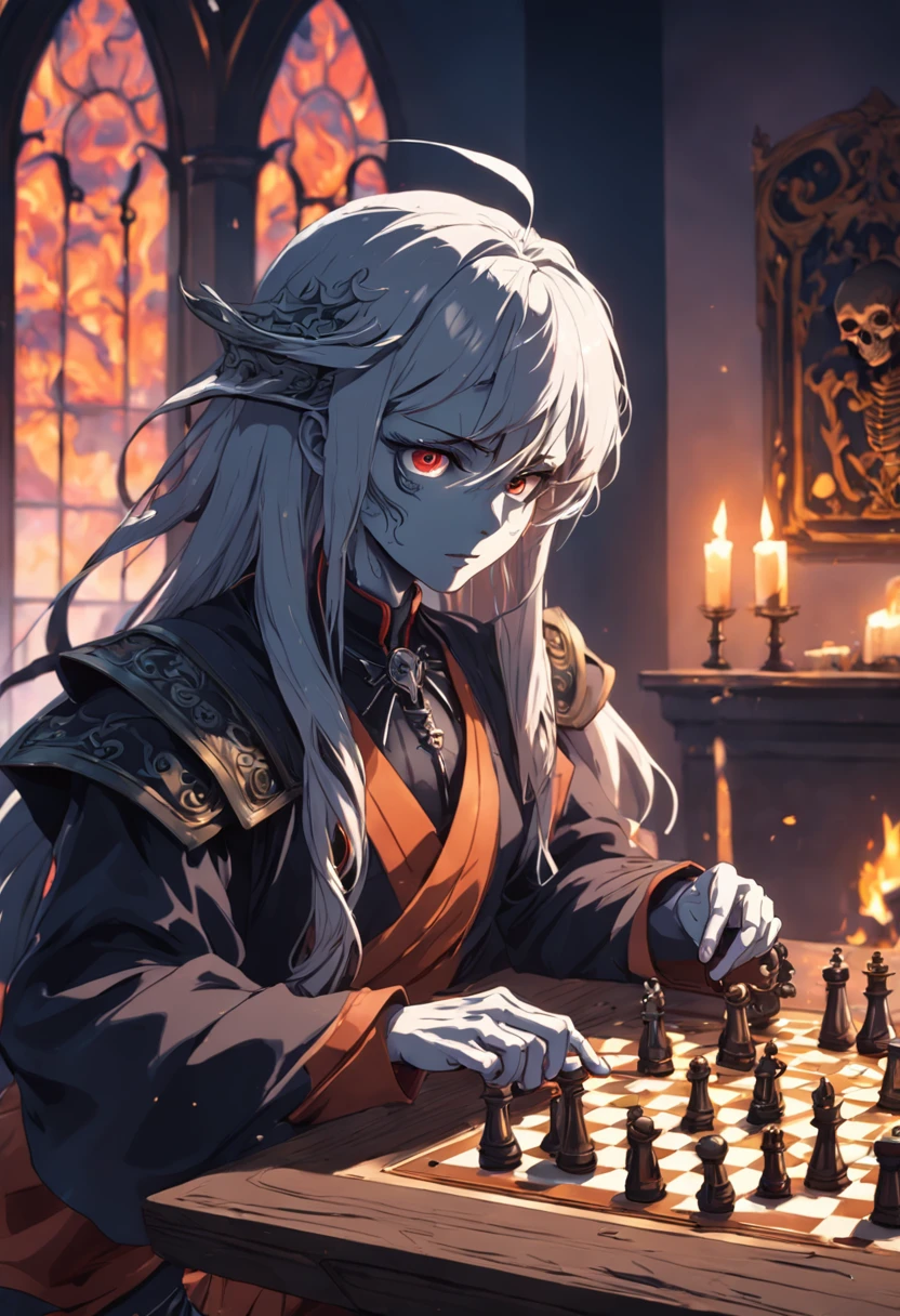 (Grim_Reaper in), (Skeleton_Monster), sits at a table, view the viewer, playing chess, Thinking, Confident demeanor, Masterpiece, Top quality, Best quality, High quality, Ultra-detailed, fire in the background, Vibrant colors, Solo, Extremely detailed