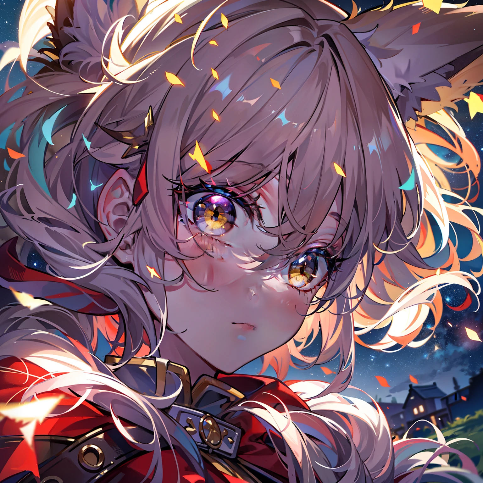 the night, Wolf ears yellow-haired girl,Look up at the stars, Light blue skirt, red color eyes, grassy fields, small stream, , with its hands clasped together in front of its chest, A river of stars, hyper HD, Award-Awarded, Chiaroscuro, Cinematic lighting, Glowing light, From below, Atmospheric perspective, Masterpiece, High details, Textured skin, 8K, Best quality,Bottom-up shot,Sense of distance。