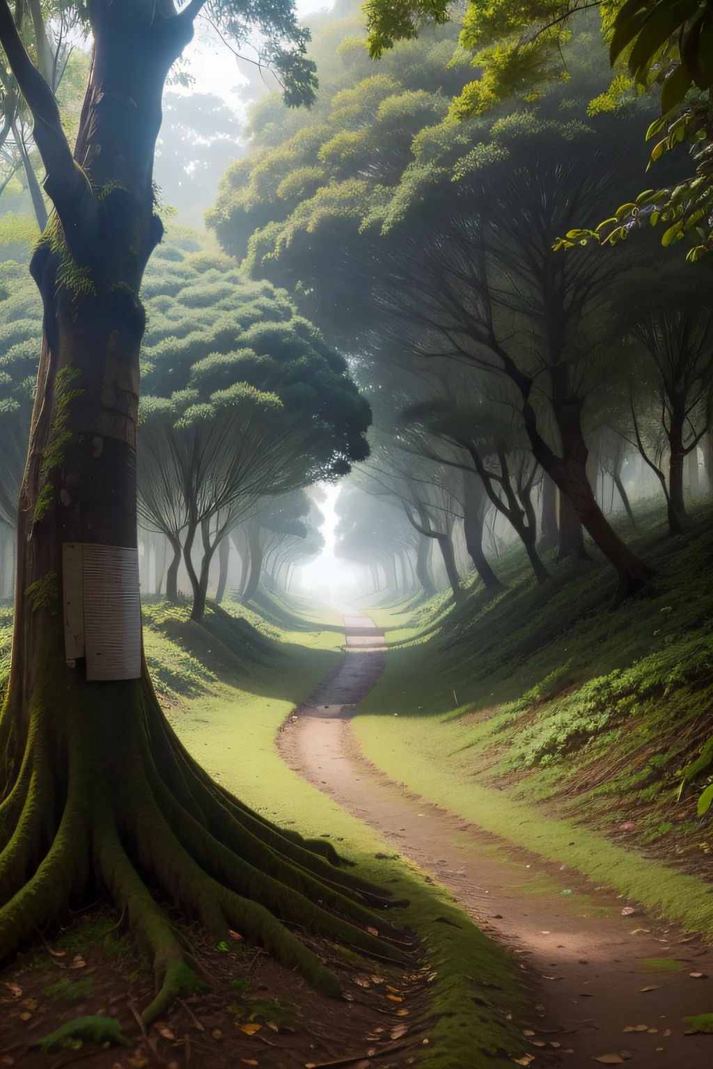 (descricao detalhada) (melhor qualidade) uma floresta com muitas arvores com chuva