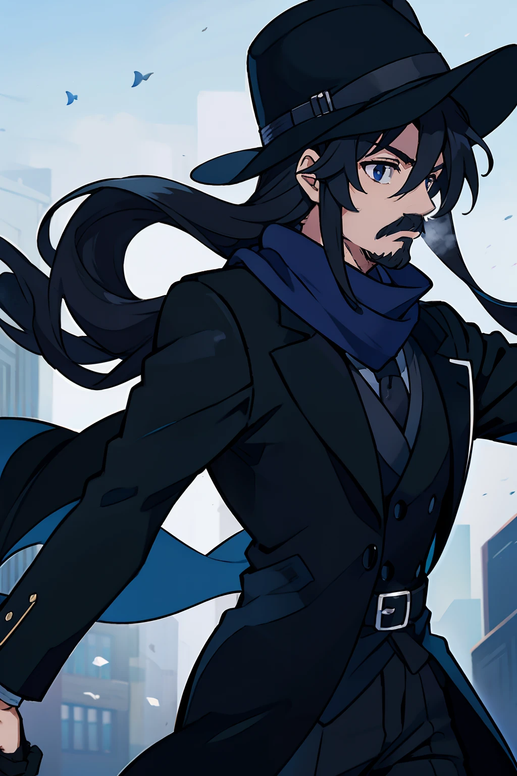 anime, man, fedora, profile, dark blue scarf, black suit, black overcoat, long hair, tiny beard, moustache, black gloves