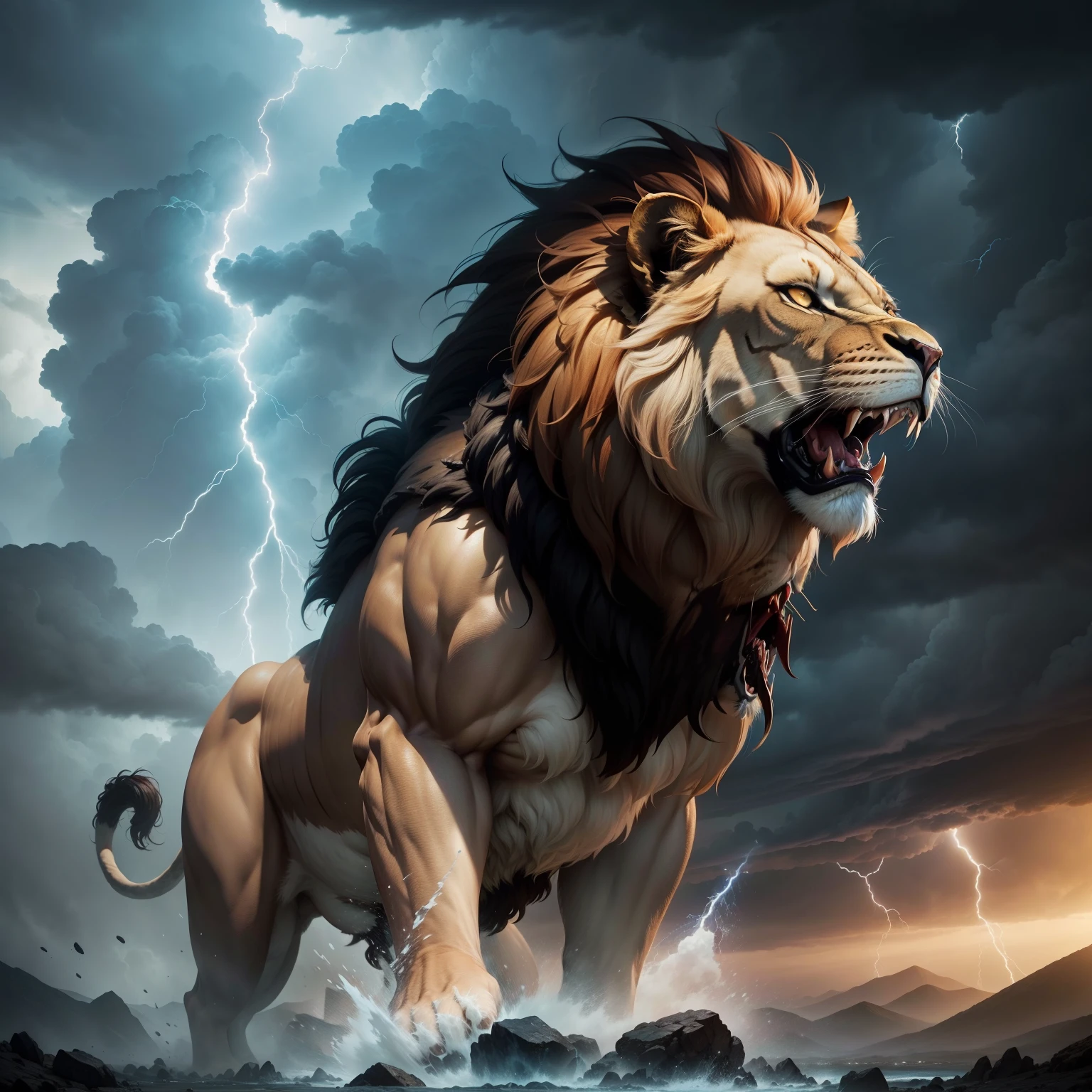 Angry roaring Legendary Giant lion with thunder storm Epic scene