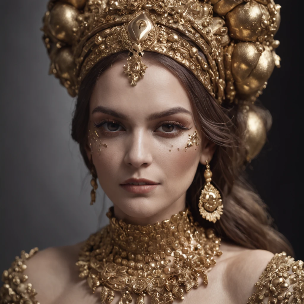 The woman wears gold and gold makeup,The style of the skull pattern,Covered with luxurious jewelry, jewelry, luxury goods, Dark white and dark bronze, Jewelry for painters and sculptors,High details,Realistic,hyper intricate details, 8K, Cinematic lighting, Cinematic