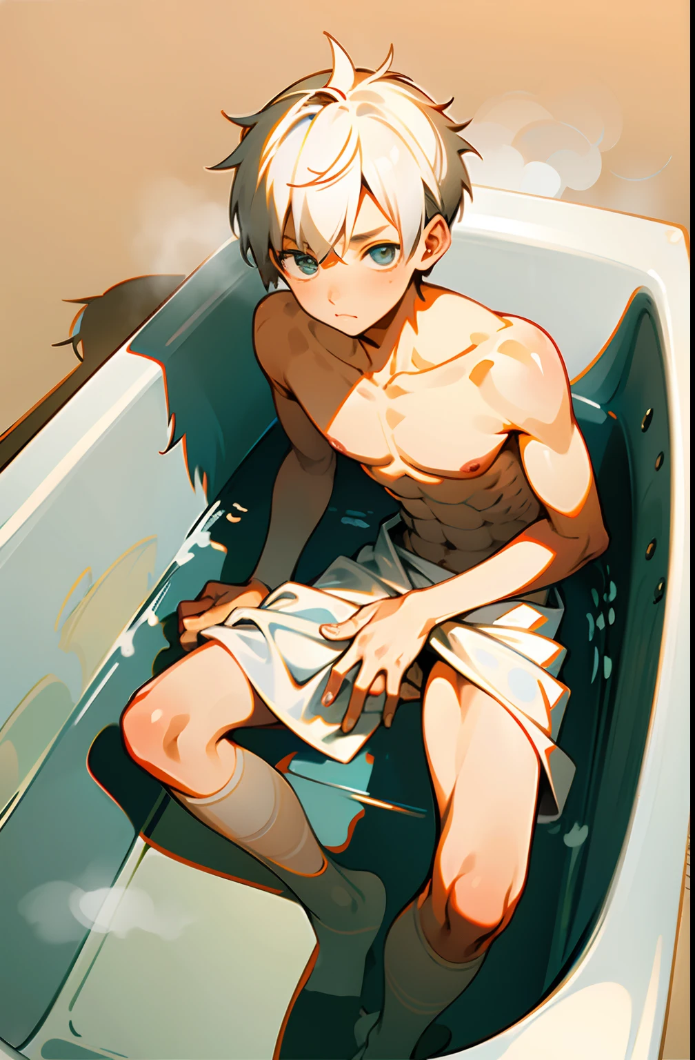 masterpiece, best quality, high quality,  1boy,10yo, , duo, male focus, full body, looking at viewer, white hair,spiky hairstyle, short hair, steam smork, japan style,  anime coloring, shy, home muji style, detailed face, topless, white towel on waist,white silk, on bathtub