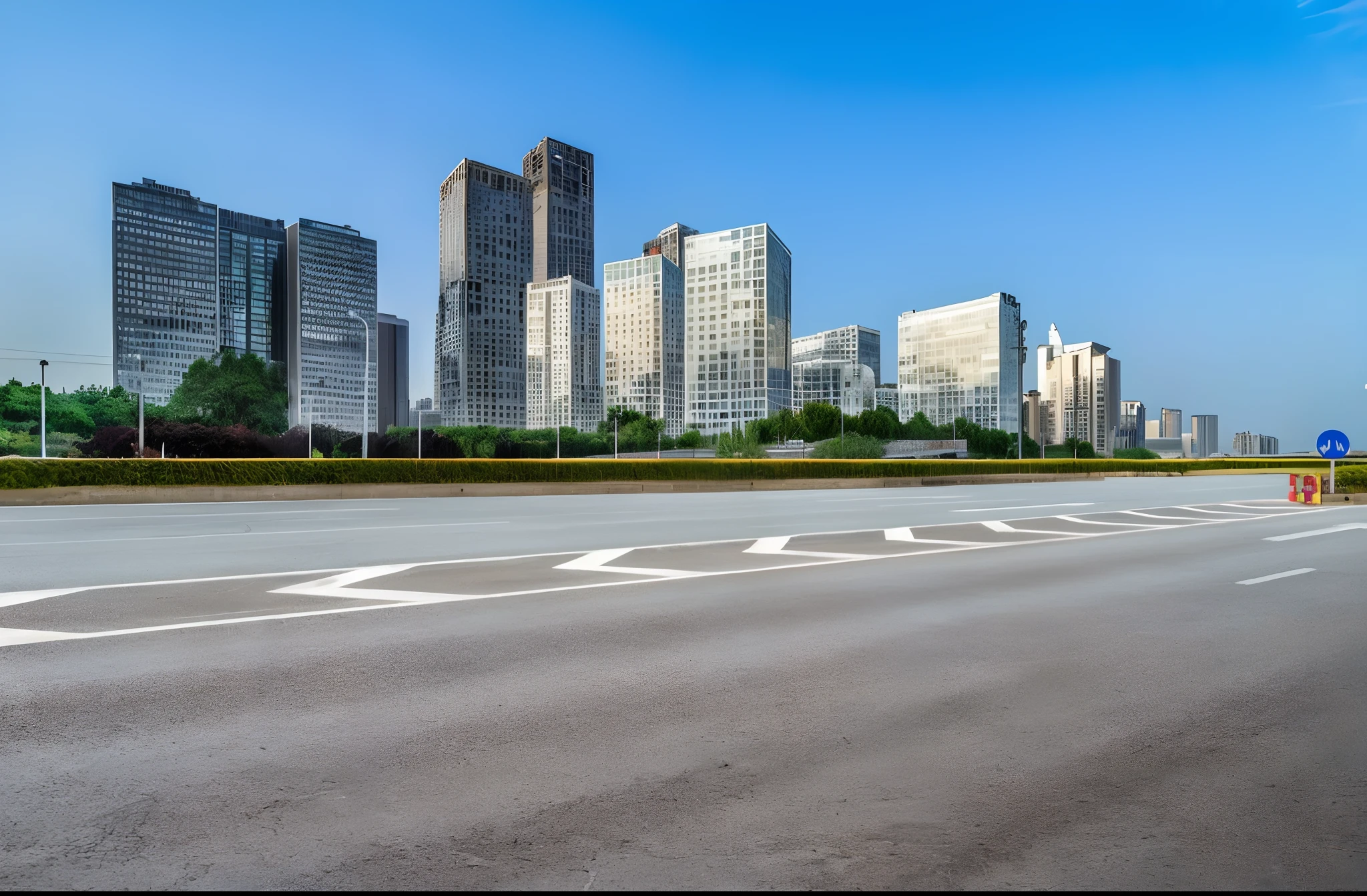 There is an empty road with a sign in front of a city, Fundo do City Street View, Distrito Empresarial Highrise, Vista super ampla de uma paisagem urbana, cidade, ruas da cidadecape, Tall buildings in the background, paisagem da cidade, rua moderna da cidade, Paisagem urbana moderna, city backdrop, Paisagem da cidade, Pequim, tech city in the background, cidade em backround
