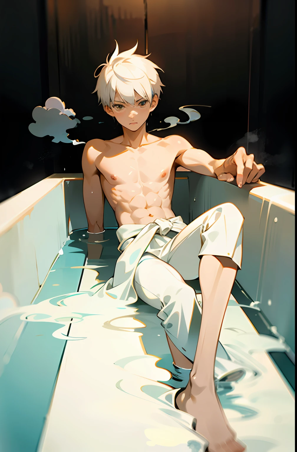 masterpiece, best quality, high quality,  1boy,10yo, , duo, male focus, full body, looking at viewer, white hair,spiky hairstyle, short hair, steam smork, japan style,  anime coloring, shy, home muji style, detailed face, topless, white towel on waist,white silk, on bathtub