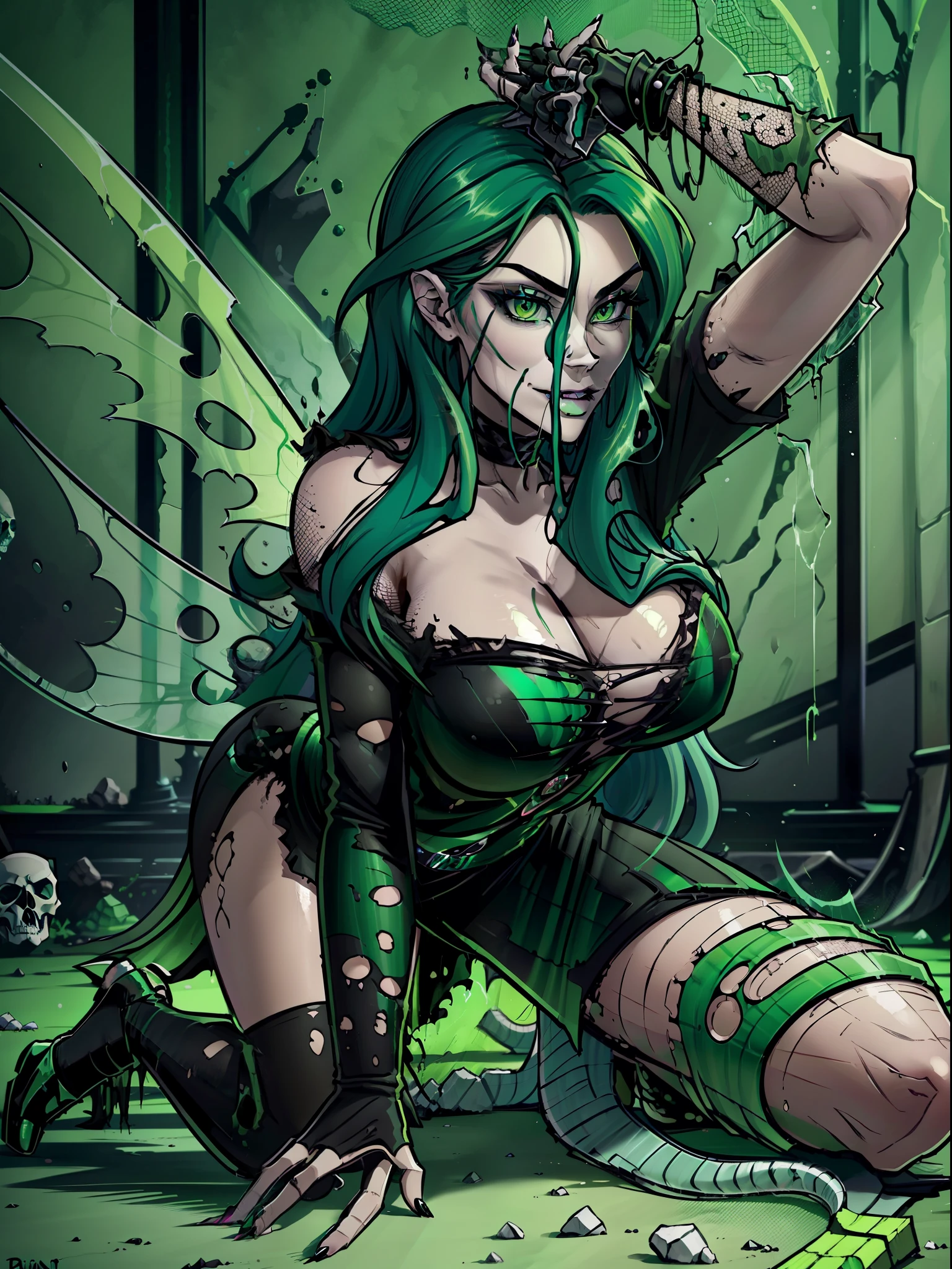 Queen Chrysalis, Huge-breasts, Lush breasts, Elastic breasts, hairlong, Luxurious hairstyle, Ruffled hair, pale skin, In a dark castle, There are green toxins everywhere, Green glow, Green eyes sanctified, Snake tongue, torn clothing, green and black clothes, Beautiful, Lots of green and black, Scary location, skulls on the floor, torn wings, it is frightful, Green Runes & Magic, Sinister smile, Three-dimensional figure, Sexy, in full height, from bottom to up view, BDSM boots, beste-Qualit, Very detailed, 8K quality, in full height