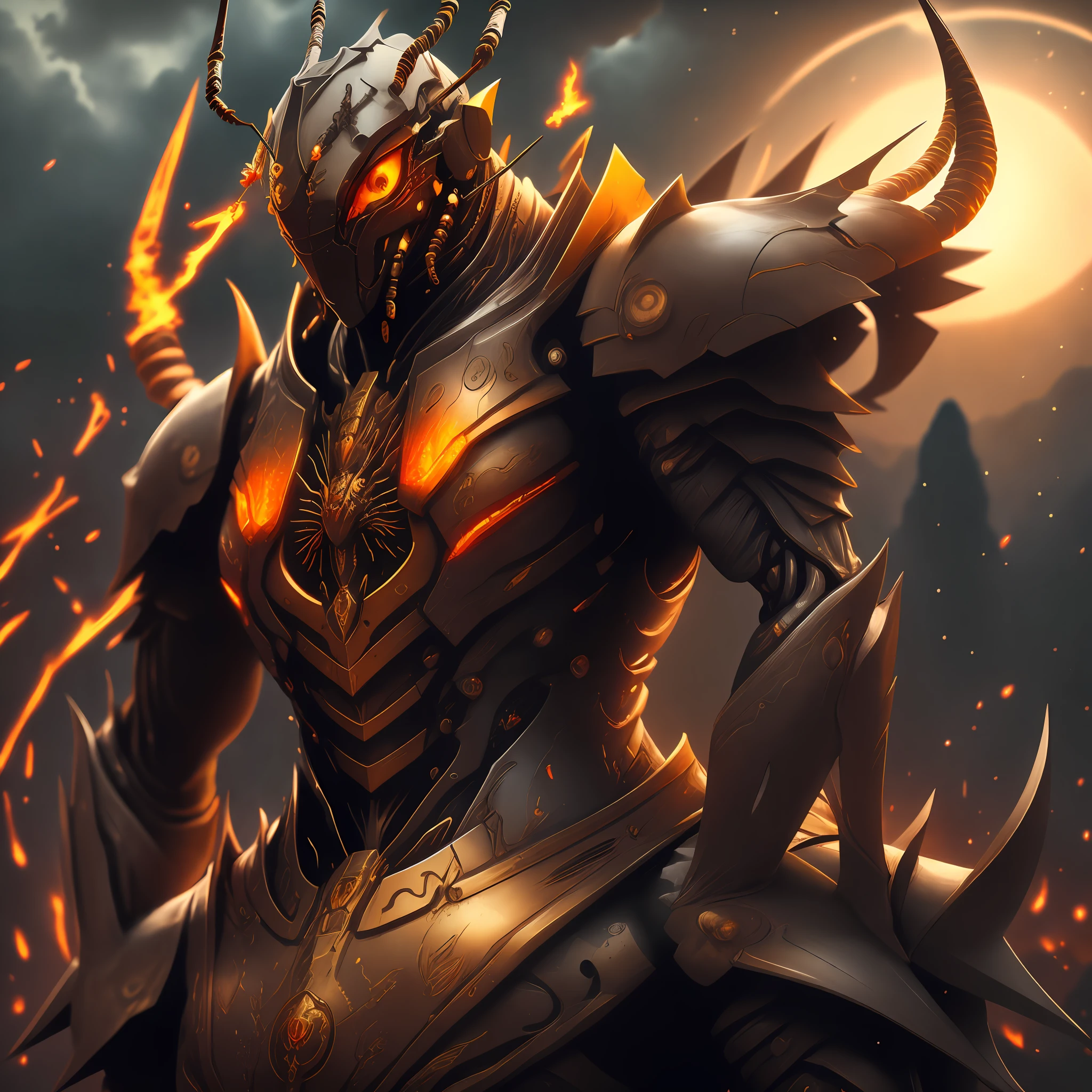 insect, humanoid, bipede, two arms, orange eye, spear, magic, sting poison, red mountain background, grey sky, dark sun, realisty, high definition, body muscler