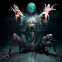 (((creepy))), Monster girl, topless, ((scary)), (gore), deformed, (batch x 4), 4 legs, (cum)