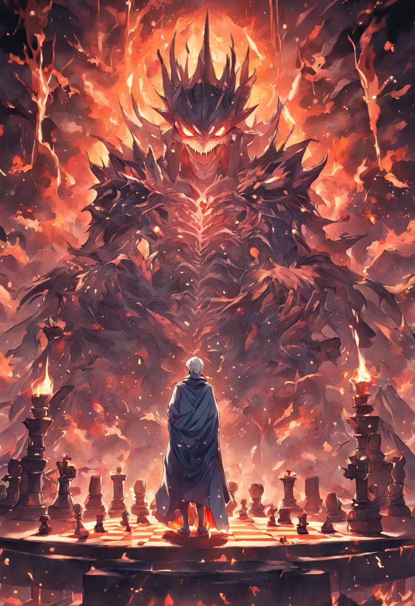 (Grim_Reaper in), (Skeleton_Monster), sits at a table, view the viewer, playing chess, Thinking, Confident demeanor, Masterpiece, Top quality, Best quality, High quality, Ultra-detailed, fire in the background, Vibrant colors, Solo, Extremely detailed