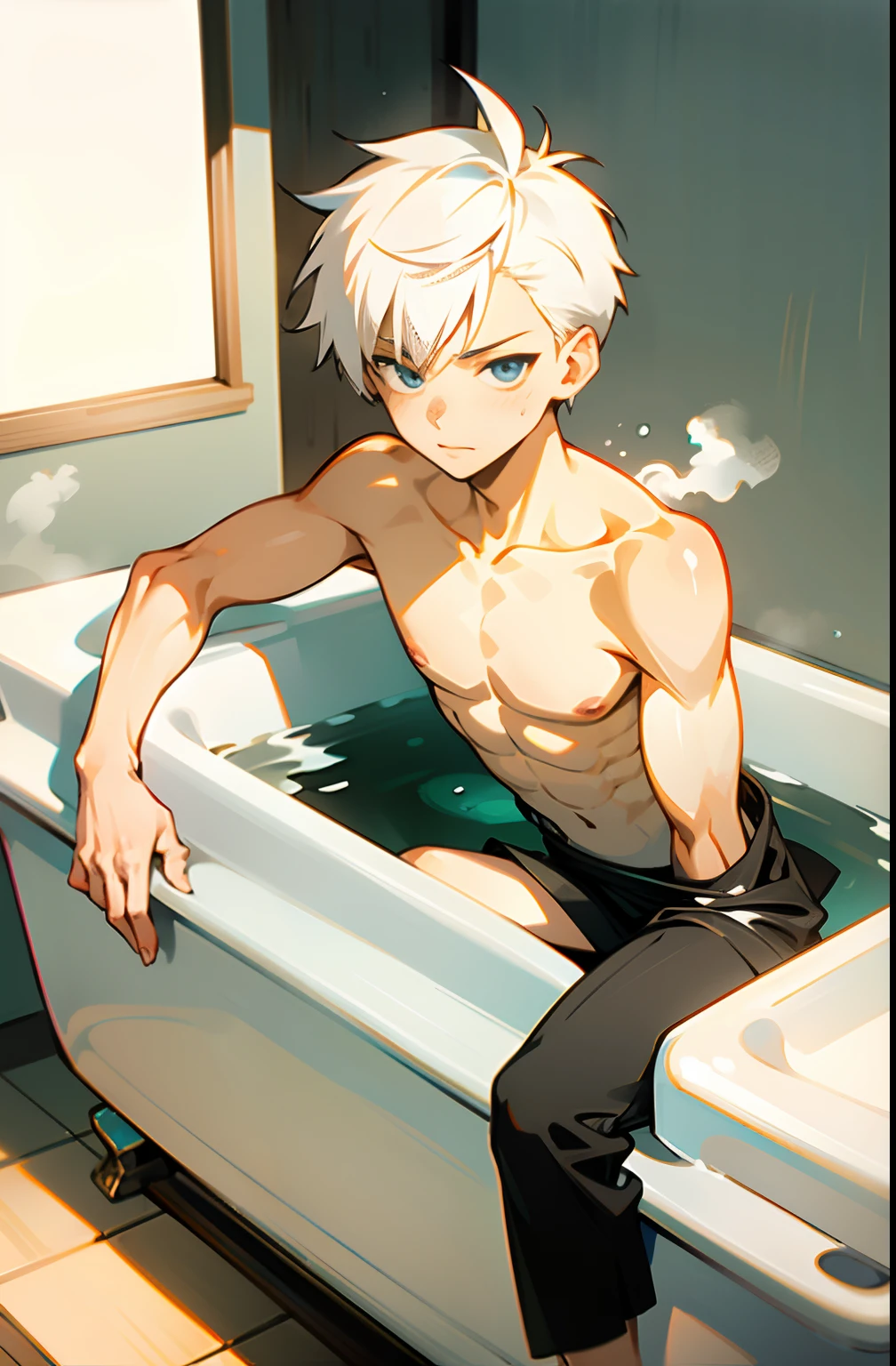 masterpiece, best quality, high quality,  1boy,10yo, , duo, male focus, full body, looking at viewer, white hair,spiky hairstyle, short hair, steam smork, japan style,  anime coloring, shy, home muji style, detailed face, topless, white towel on waist,white silk, on bathtub