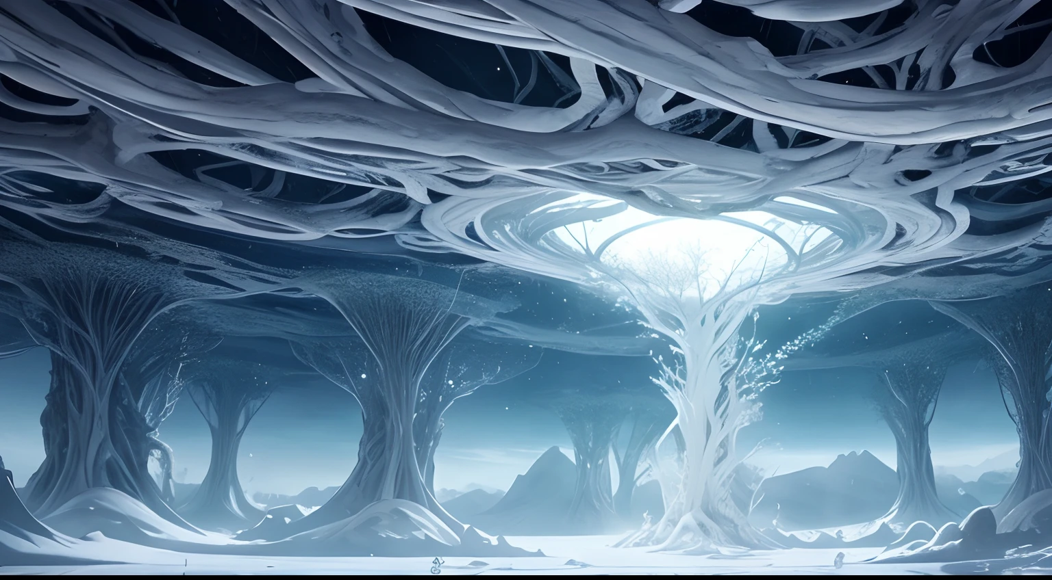White alien world,Giant vines hang down from the clouds,Alien Chaos landscape,