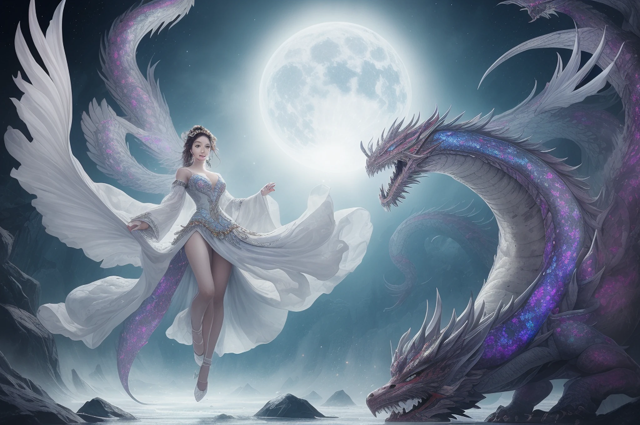In a captivating image, an elegant woman clad in a white Chinese gown glides through the sky atop a mythical Chinese dragon. As they traverse the heavens, her flowing gown and the dragon's iridescent scales create a mesmerizing vision of harmony and otherworldly beauty. 
hdr, (photorealism, masterpiece quality, best quality), , pureerosface_v1,ulzzang-6500-v1.1,