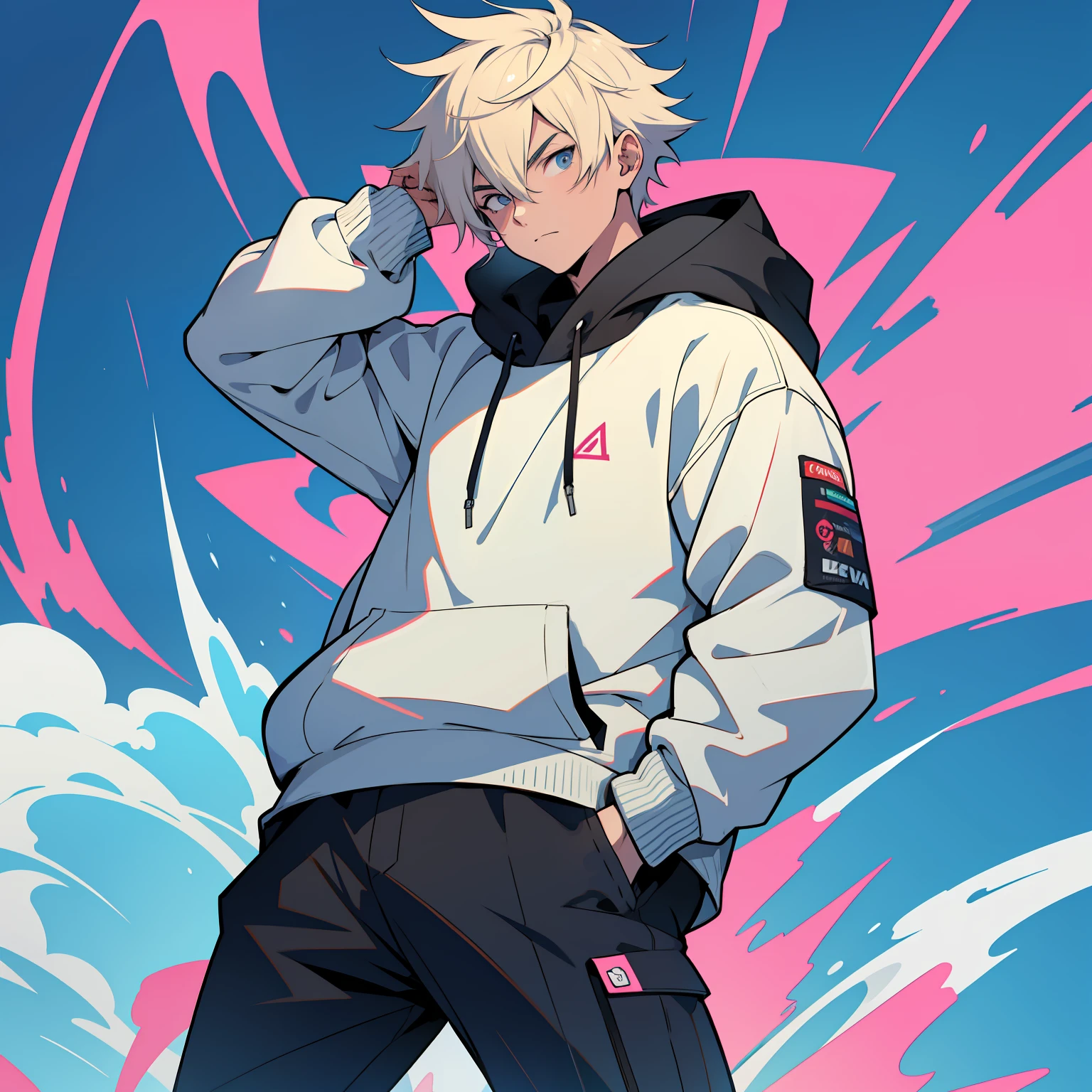 Ultra quality, 4k HD, 1_boy, anime_boy, cartoon, vectorized: 0.9, sweatshirt coat, frontal pose. Hand in pocket