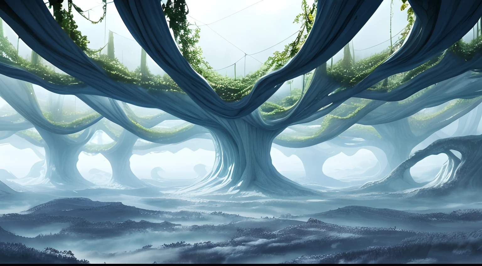 White alien world，Giant vines hang down from the clouds，Alien Chaos landscape，