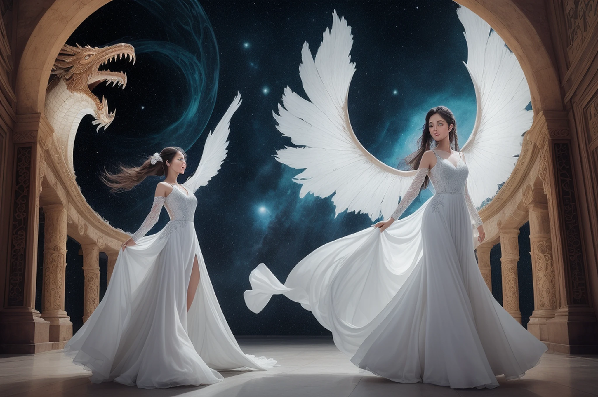 In a captivating image, an elegant woman clad in a white Chinese gown glides through the sky atop a mythical Chinese dragon. As they traverse the heavens, her flowing gown and the dragon's iridescent scales create a mesmerizing vision of harmony and otherworldly beauty.
hdr, (photorealism, masterpiece quality, best quality), , pureerosface_v1,ulzzang-6500-v1.1,