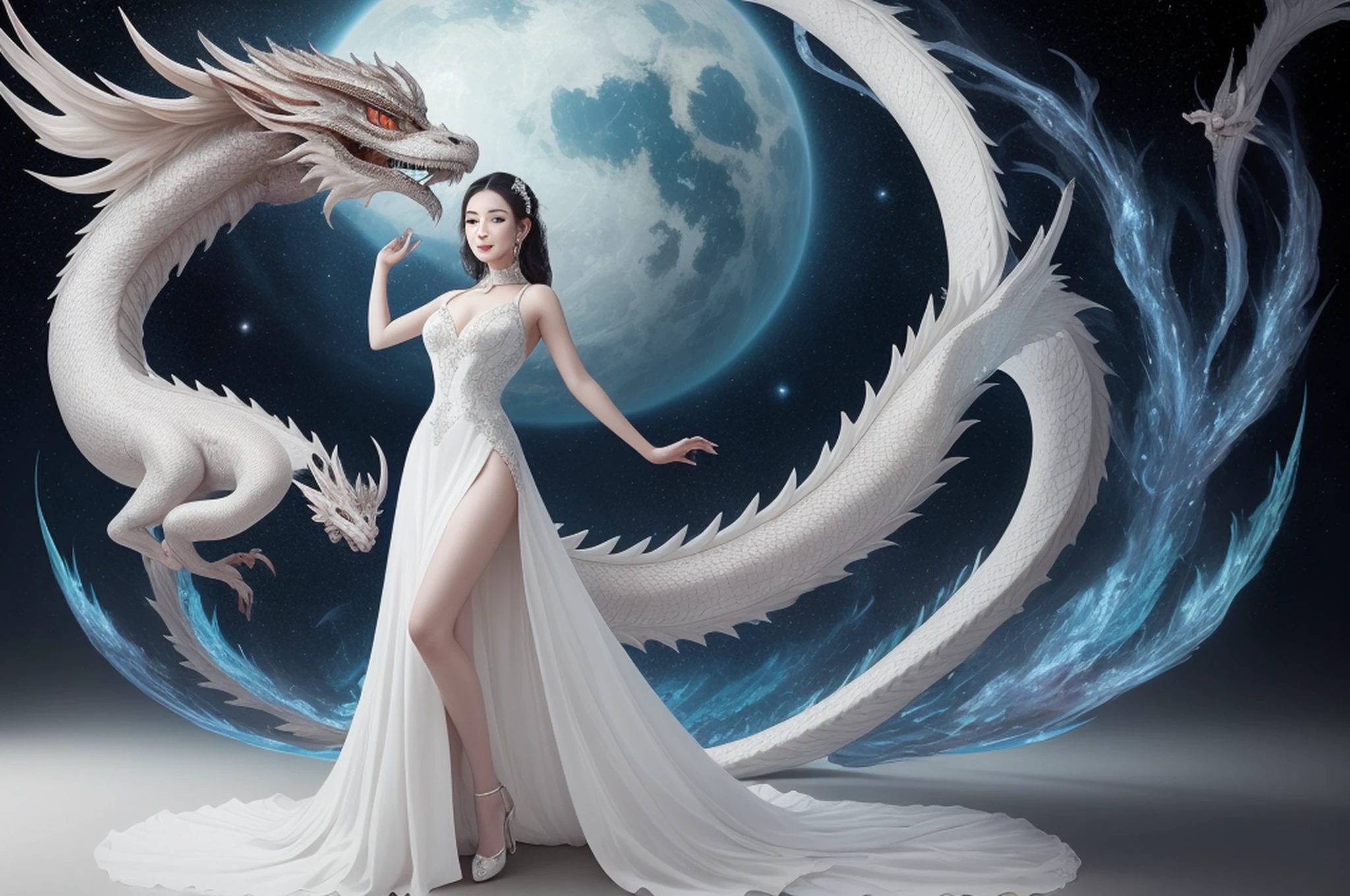 In a captivating image, an elegant woman clad in a white Chinese gown glides through the sky atop a mythical Chinese dragon. As they traverse the heavens, her flowing gown and the dragon's iridescent scales create a mesmerizing vision of harmony and otherworldly beauty. 
hdr, (photorealism, masterpiece quality, best quality), , pureerosface_v1,ulzzang-6500-v1.1,