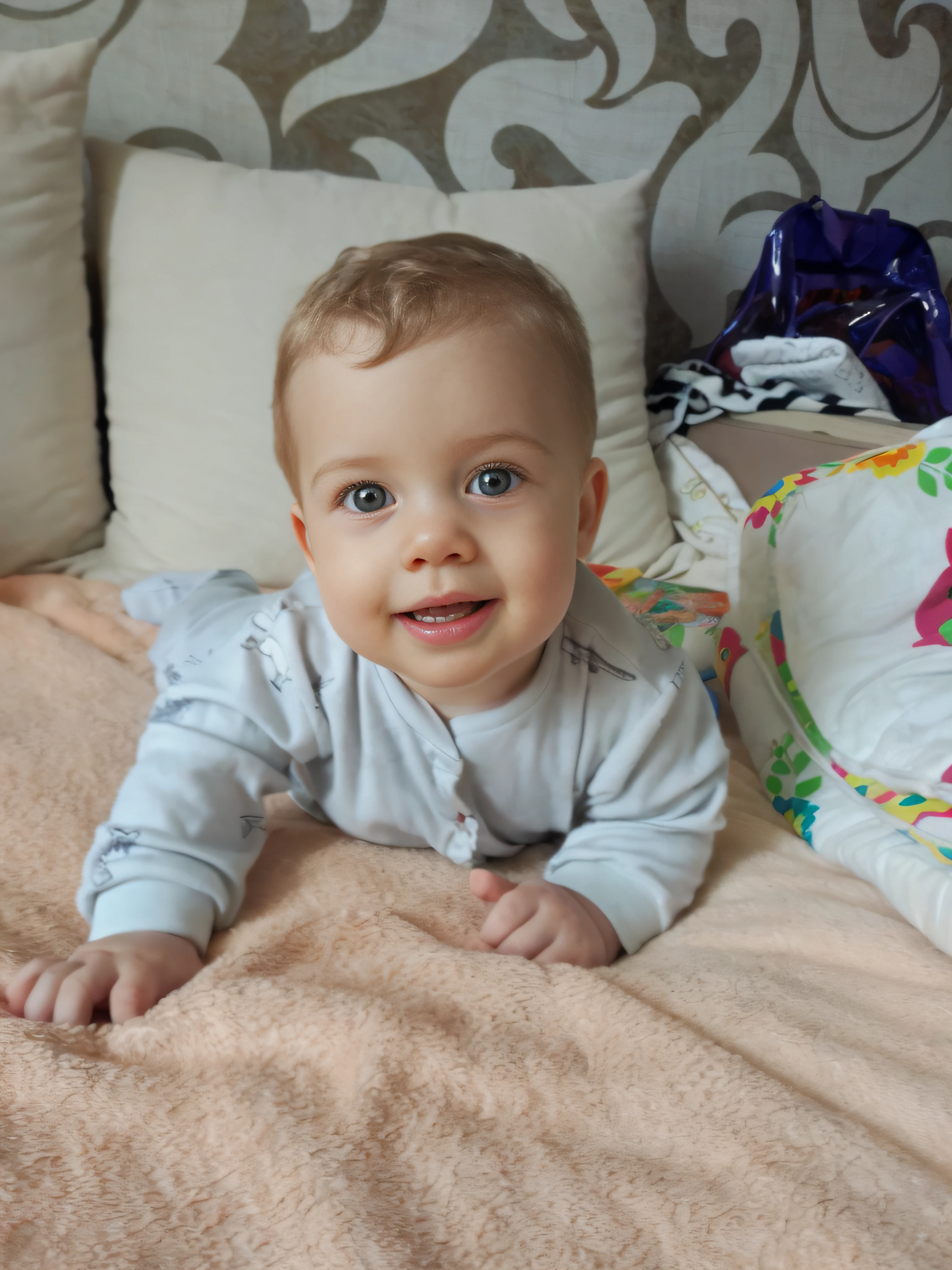 give birth to a child, Who is lying on the bed with pillows, cute boy, he is very happy, very slightly smiling, smiling happily at the camera, very handsome, smiling at camera, looks cute, smiling at camera, Happy Wise. Not life, artem, by Hristofor Zhefarovich, beautiful cute, Cheeky smile