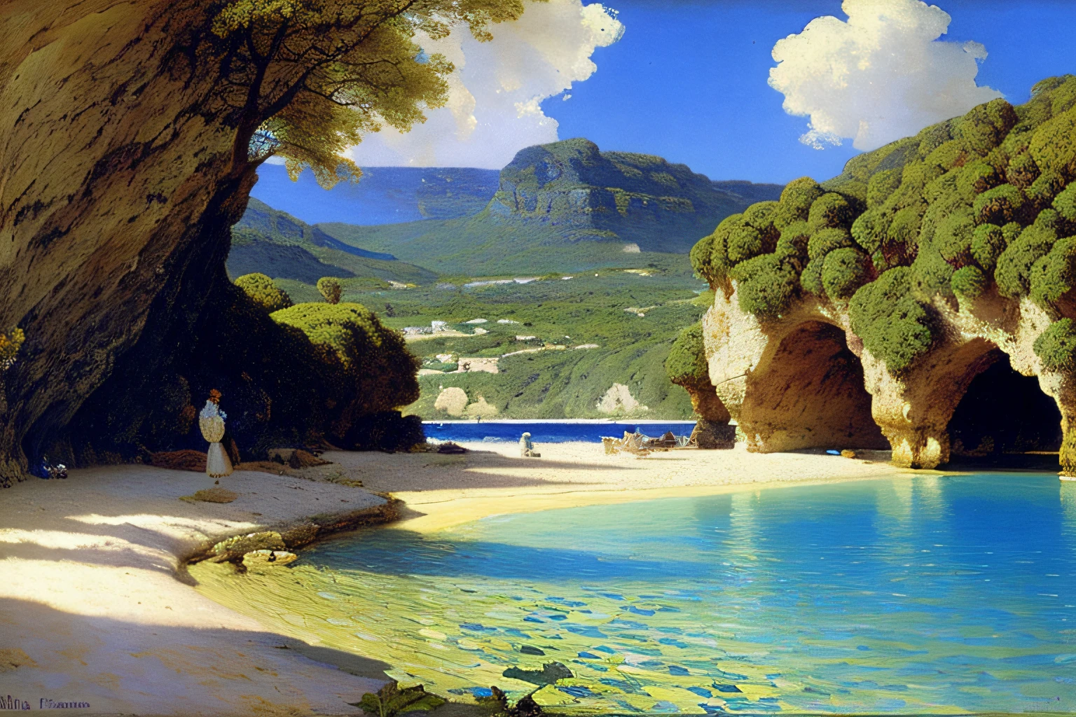 grotte, Cobalt Blue Ocean, fleurs, Village Alma Tadema