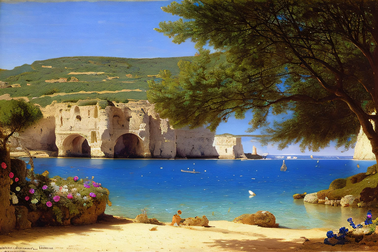 grotte, Cobalt Blue Ocean, fleurs, Village Alma Tadema