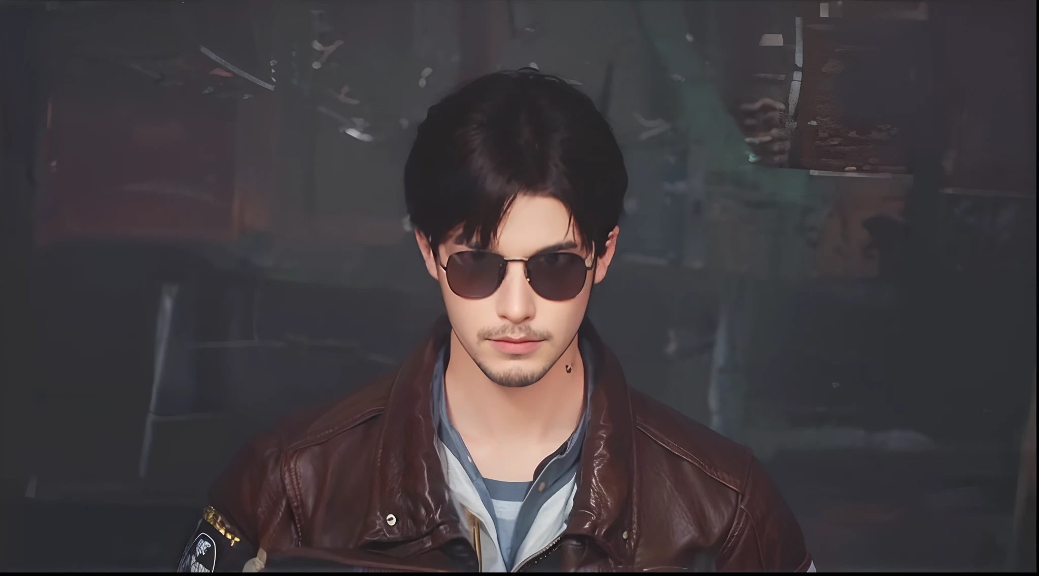 Hyperrealist portrait of male, wearing glasses and brown leather jacket, has a medium beard