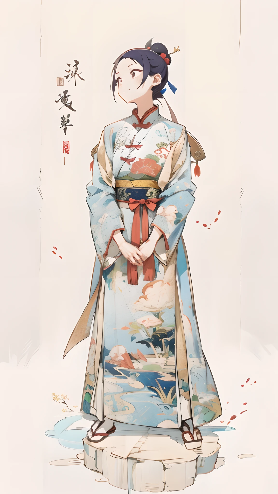 There is a woman in a kimono skirt standing on a rock, Palace ， A girl in Hanfu, Beautiful character painting, Wearing ancient Chinese clothes, author：Shitao, Onmyoji detailed art, trending on artstation pixiv, Hanfu, Guweiz in Pixiv ArtStation, Traditional Chinese clothing, author：Qu Leilei, G Liulian art style