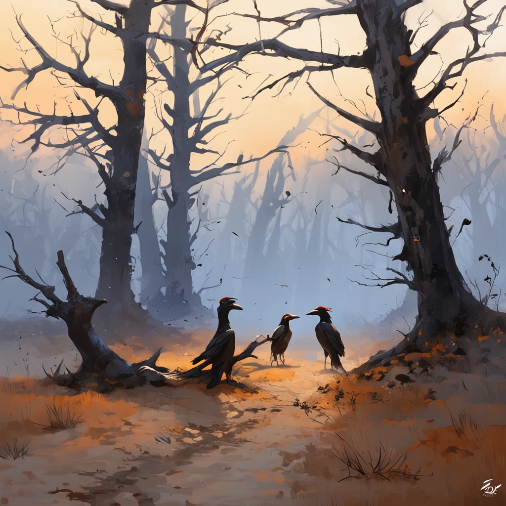 Two crows on a dead tree, A shadow shaped like a walking person, Starry night, Thick fog on the ground, Blue light on the horizon, Unreal Engine 5, Cinematic, low angle photography, Motion blur, Depth of field, Dust, Cobblestones and dirt. Splash Art, dripping paint. Perfect color grading. Influenced by Karel Appel and Jeremy Mann, A scene full of drama and threatening, Hyper-detailed, Beautiful, insanely details, Intricate details, editorial photography, shot with a 50mm lens, Depth of field, Tilt Blur, Shutter speed 1/1000, f/22. Lightmaps, Super bright