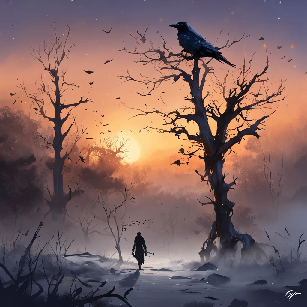 Two crows on a dead tree, A shadow shaped like a walking person, Starry night, Thick fog on the ground, Blue light on the horizon, Unreal Engine 5, Cinematic, low angle photography, Motion blur, Depth of field, Dust, Cobblestones and dirt. Splash Art, dripping paint. Perfect color grading. Influenced by Karel Appel and Jeremy Mann, A scene full of drama and threatening, Hyper-detailed, Beautiful, insanely details, Intricate details, editorial photography, shot with a 50mm lens, Depth of field, Tilt Blur, Shutter speed 1/1000, f/22. Lightmaps, Super bright