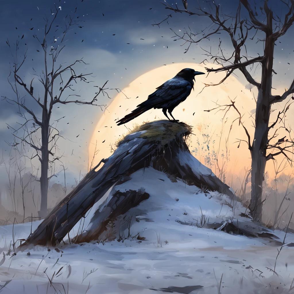 Two crows on a dead tree, A shadow shaped like a walking person, Starry night, Thick fog on the ground, Blue light on the horizon, Unreal Engine 5, Cinematic, low angle photography, Motion blur, Depth of field, Dust, Cobblestones and dirt. Splash Art, dripping paint. Perfect color grading. Influenced by Karel Appel and Jeremy Mann, A scene full of drama and threatening, Hyper-detailed, Beautiful, insanely details, Intricate details, editorial photography, shot with a 50mm lens, Depth of field, Tilt Blur, Shutter speed 1/1000, f/22. Lightmaps, Super bright