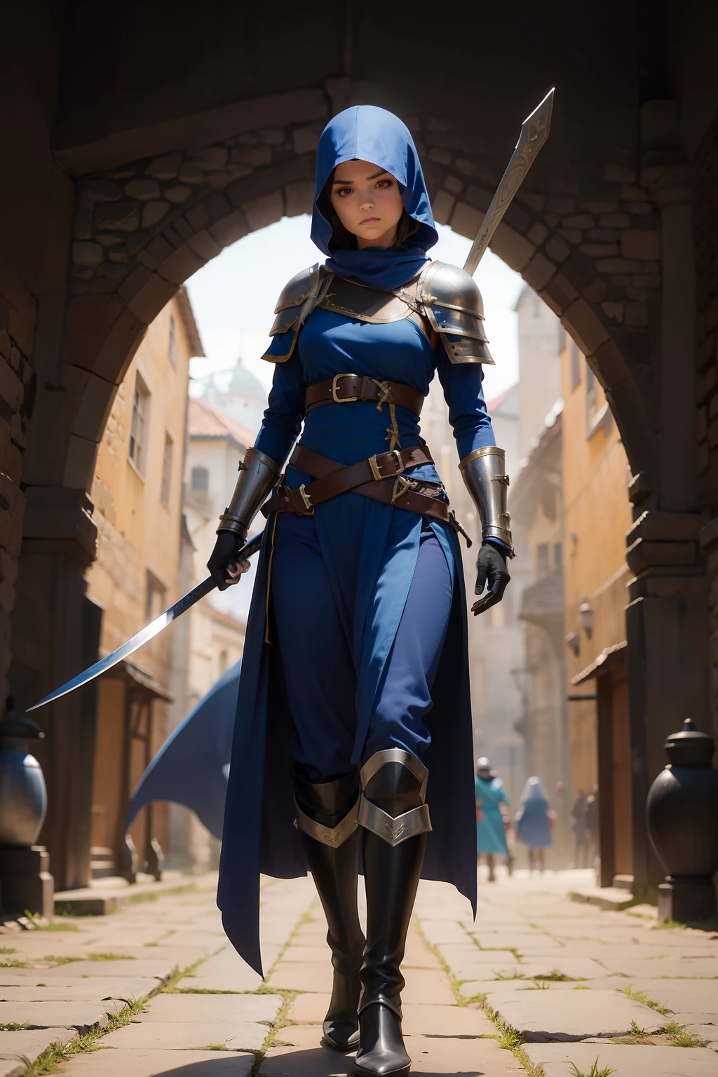 mulher, roupa de ninja azul escura, roupa de ninja, sem cabelo, armadura medieval, guerreira, Botas, corpo todo