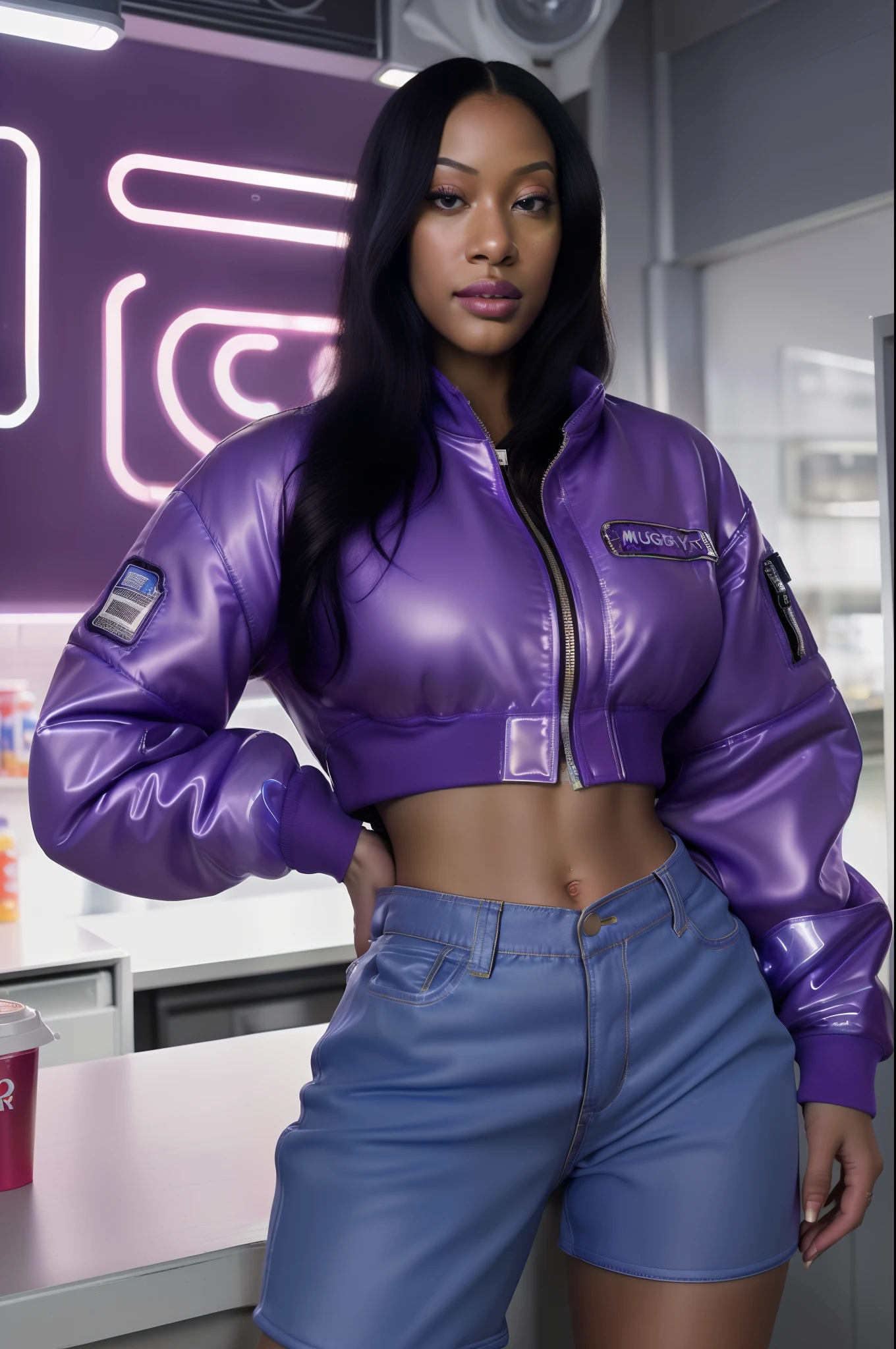 8k, ARTISTIC photography, best quality, masterpiece: 1.2), (realistic, photorealistic: 1.37), over-detailed, (high-detail skin: 1.2), 8k uhd, SLR camera, soft lighting, high quality, film grain, Arri Alexa mini,, professional lighting, photonic display, brightness, physically rendered photo (cyber punk Girl, hacker, dark skin, Afro shopping in a bodega ), beautiful face (((megan good))), ((half smile)), over-detailed face, (((big open eyes))), beautiful body, perky breast (( dressed in crop purple bomber jacket)), (((over-detailed clothing))), (((the color of the clothes is burgandy))), (((futuristic minimalist outfits))), posing, in a local small grocery shop as background, (((pure 8K))), (((perfect anatomy))), extremely high-quality graphics, midday sunlight, (((cinematic lighting))), ((clear details)), complex, highly detailed background,