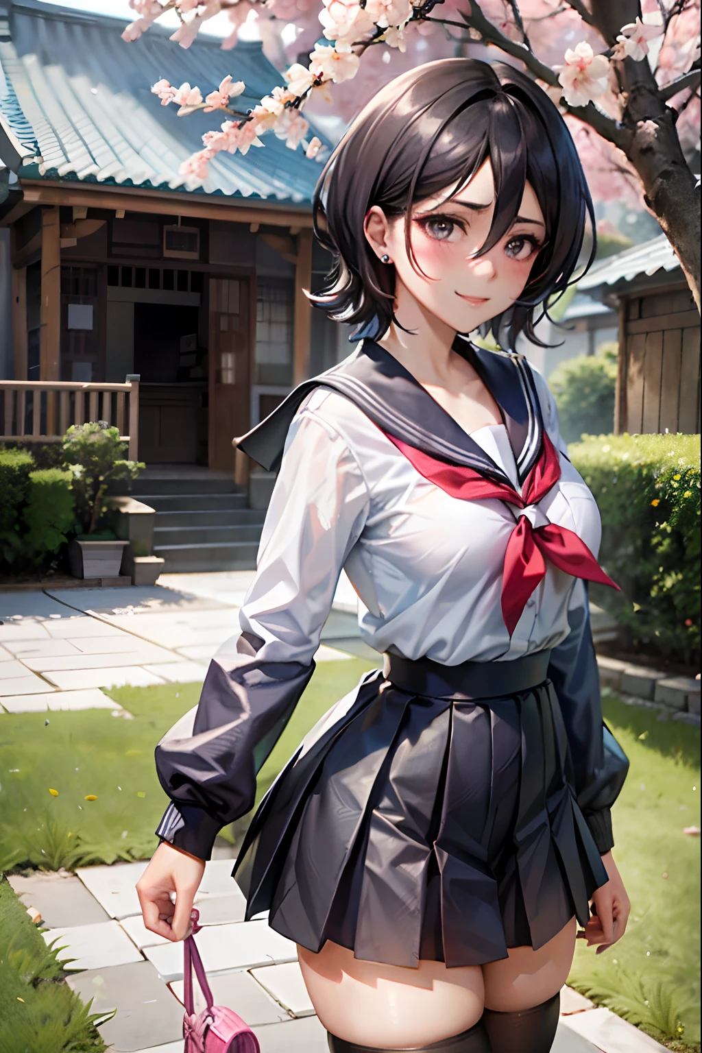 Rukia kuchiki, 1girl, solo, ((sailor uniform)), black thighhighs, breasts, cleavage, pleated skirt, hair between eyes, medium breasts, looking at viewer, messy hair, black hair, pink short nails, solo, thighhighs, thighs, ((masterpiece)), standing, ear piercing, sexy pose, blush, shy, smile, japanese temple, sakura tree,